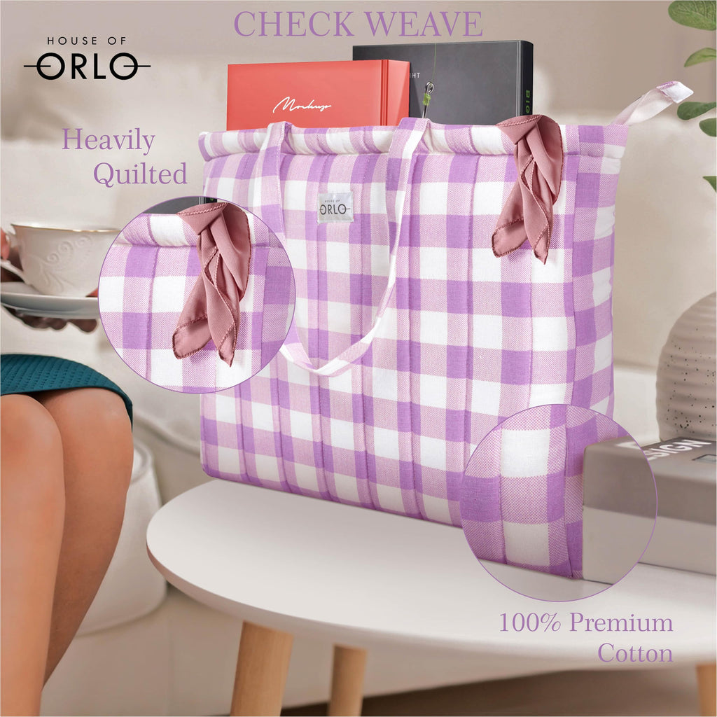 HOUSE OF ORLO Women's Cotton Quilted Bag Check Design Aesthetic Western Tote Bags With Zipper And Double Handles, Daily Use Handbags For College, Travel, Work (Purple-White)