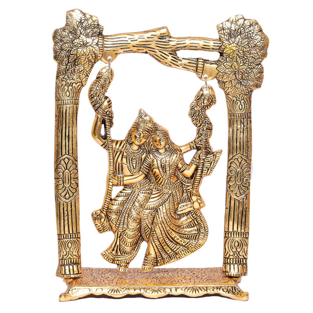 KridayKraft Metal Gold Plated Radha Krishna Idol on Swing Jhula Decorative Showpiece Figurine Religious Idols for Home Office Statue Murti for Decoration & Pooja Gifting Purpose Sculpture