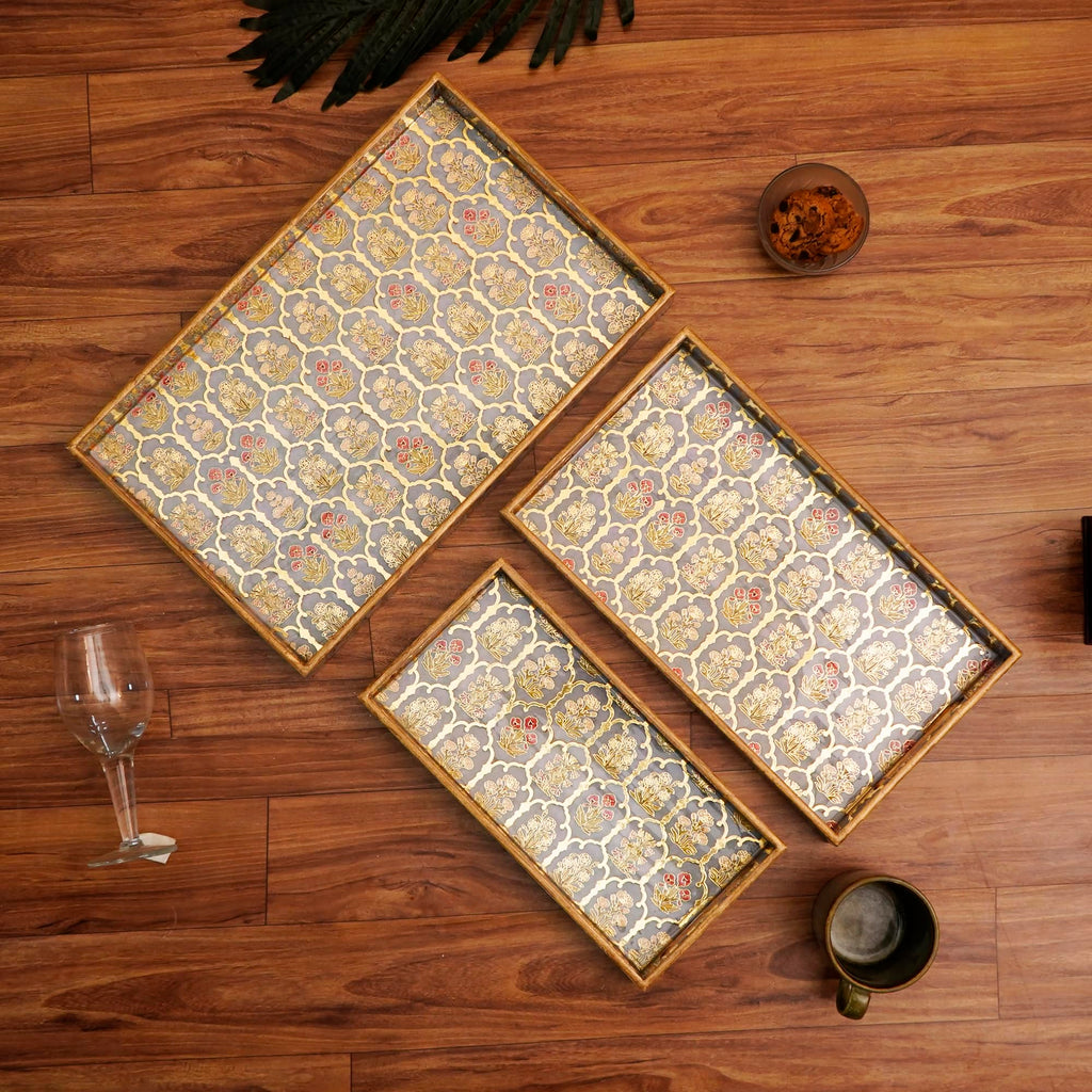 TrayFi Rectangular Wooden MDF Serving Trays Set of 3 (16x10, 14x8, 12x6 Inches) – Enamelled Finish with Easy-Grip Handles, Perfect for Dining, Tea, Snacks & Home Decor (Green Tribal Bloom)