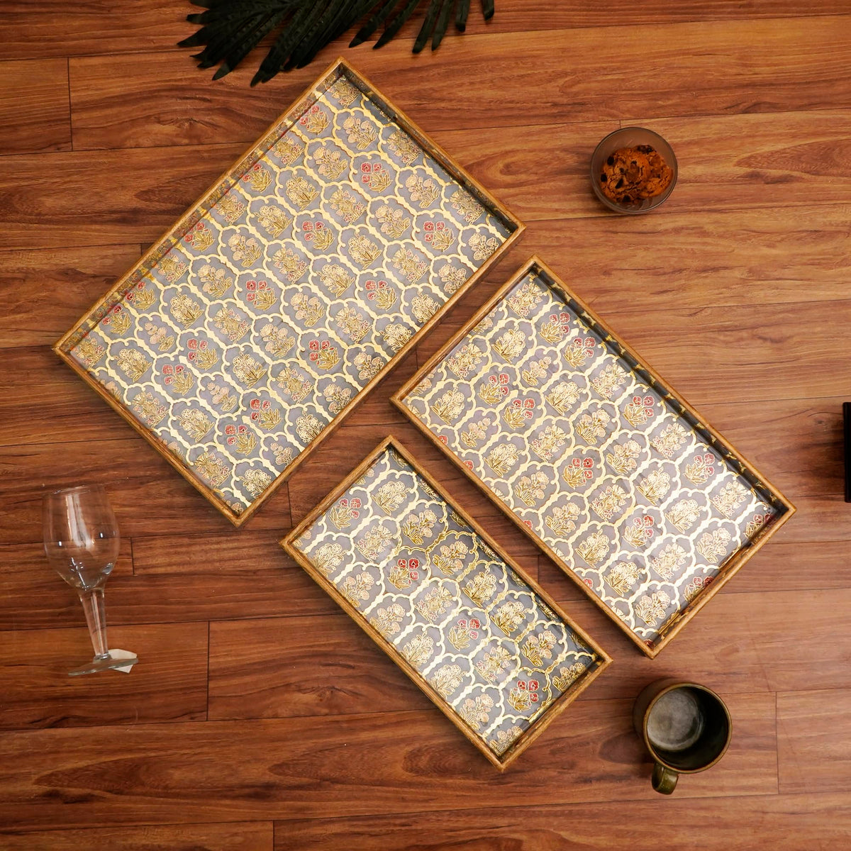 TrayFi Rectangular Wooden MDF Serving Trays Set of 3 (16x10, 14x8, 12x6 Inches) – Enamelled Finish with Easy-Grip Handles, Perfect for Dining, Tea, Snacks & Home Decor (Green Tribal Bloom)