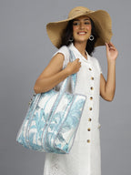 Ravaiyaa - Attitude is everything Women & Man Beautiful Printed Cotton Grocery Shopping Bag | Shoulder Bag | Cotton Tote Bag | Travel Tote Bags 18x5.5x16 Inch (Turquoise Palm Tree)