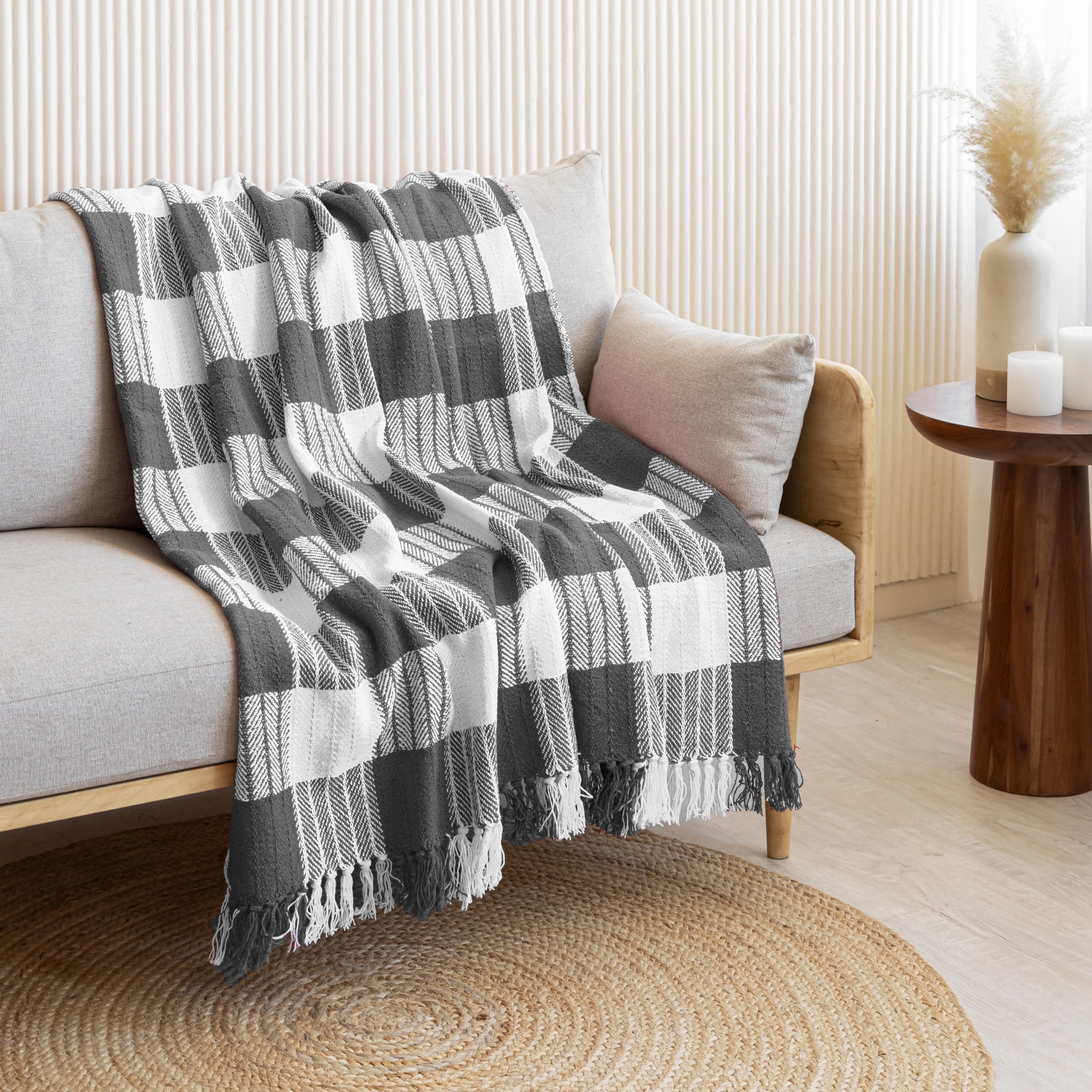HOMEMONDE Cotton Reversible Throw Blanket with Tassels Checks Design Lightweight Boho Throws AC Blanket for Living Room, Bedroom - (50 x 60 Inches, Grey)| TC - 200 Kafalo