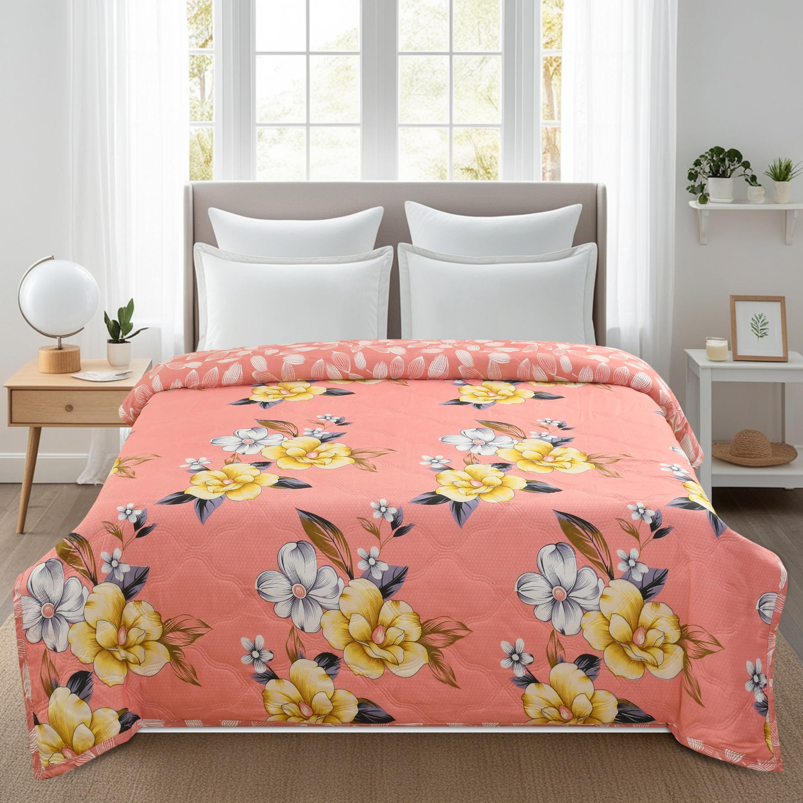 Home Stylish Luxury Ultrasonic Punch AC Comforter Blanket – Quilted Microfiber Floral Pattern, Lightweight Breathable Hypoallergenic All‑Season Blanket for Bedroom, Travel (228x228 Cm) Pink Yellow Kafalo