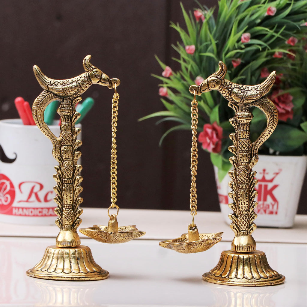 Kridaykraft Parrot Design Metal Hanging with Chain Diya Pair of Parrot Design Bird Diya Deepak Oil Lamp Metal Gold Finish