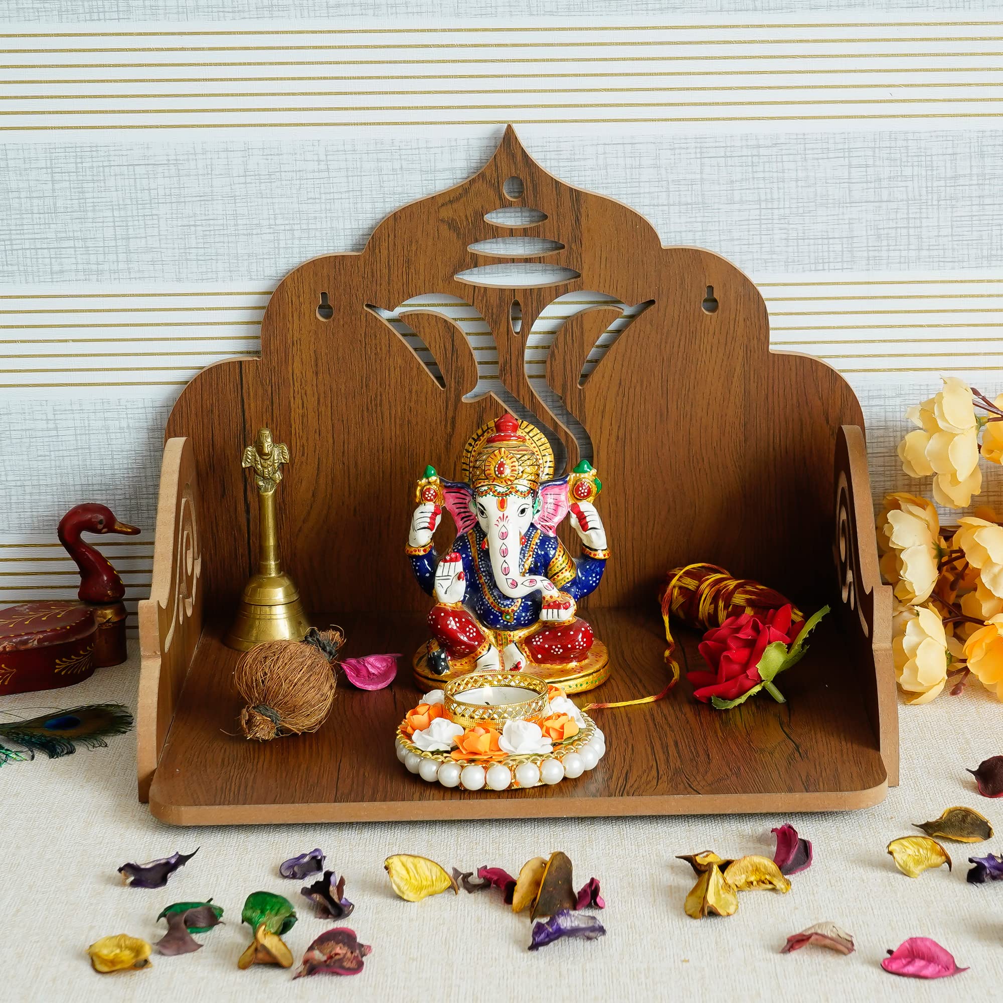 eCraftIndia Ganesha Design Wooden Temple for Home Office | Home Temple Pooja Mandir | Small Temple Gift for Diwali Housewarming