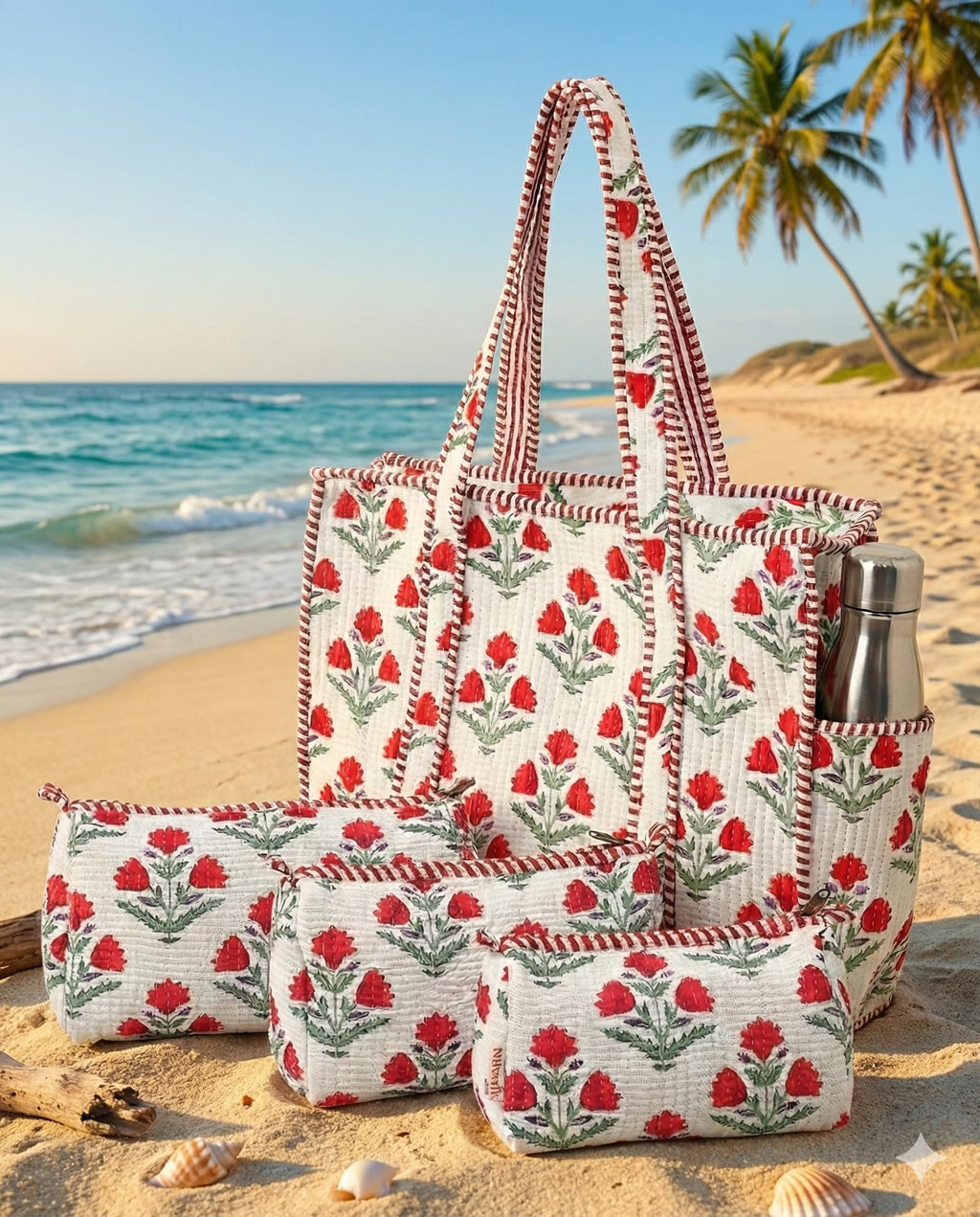 NIKAVIK 1 Tote Bag and 3 Pouches | Jaipuri Quilted fabric Handblock Printed Tote Bag (with zip closure and bottle compartment) with Matching Pouches (White Red)