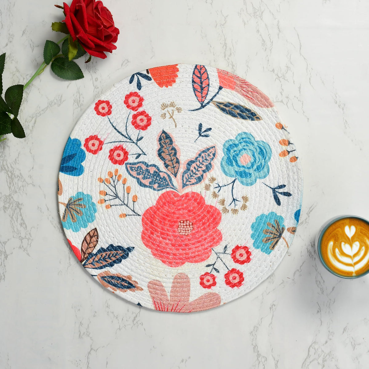 LaVichitra Cotton Table Placemat | Dining Table Mat | Bed Side Table Mat | Cotton Round Shape Placemats | Washable PlaceMat for Shelves & Plant Pots - Pack of 6, Floral Print Kafalo