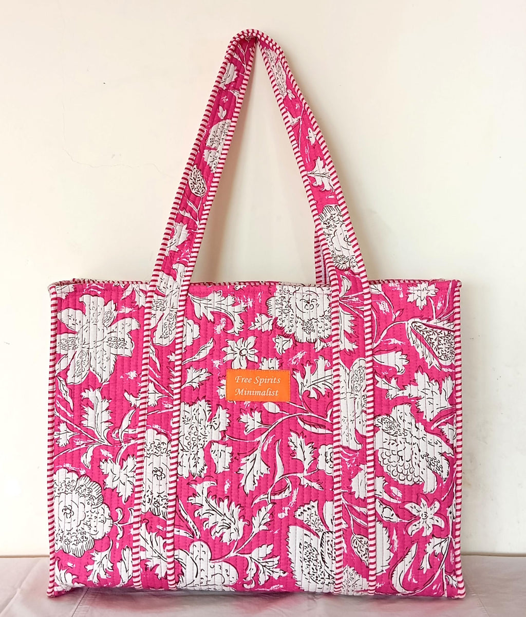 Cotton Tote bag for Women | Shoulder Bag | Reversible Bag | Durable Shopping bag | Reusable Grocery Bags | Eco friendly Bags| Handmade Cotton Bag | Stylish Quilted handBag (Pink White)
