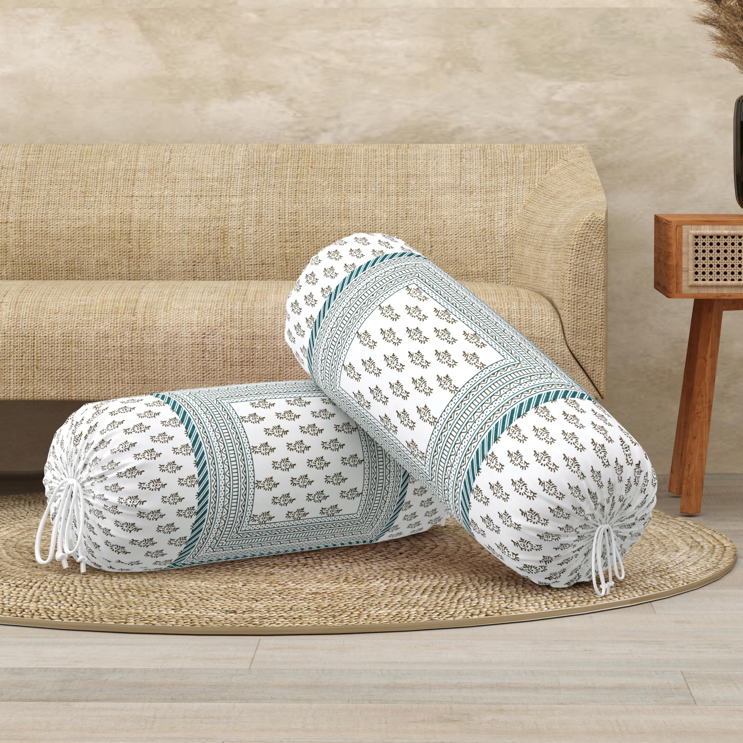 BLOCKS OF INDIA Cotton Hand Block Printed Bolster Cover | Booster Cover with Drawstring | Round Long Pillow Cover for Bed | Dewan Pillow Cover Set 16 X 32 | Set of 2 (Green Bird)