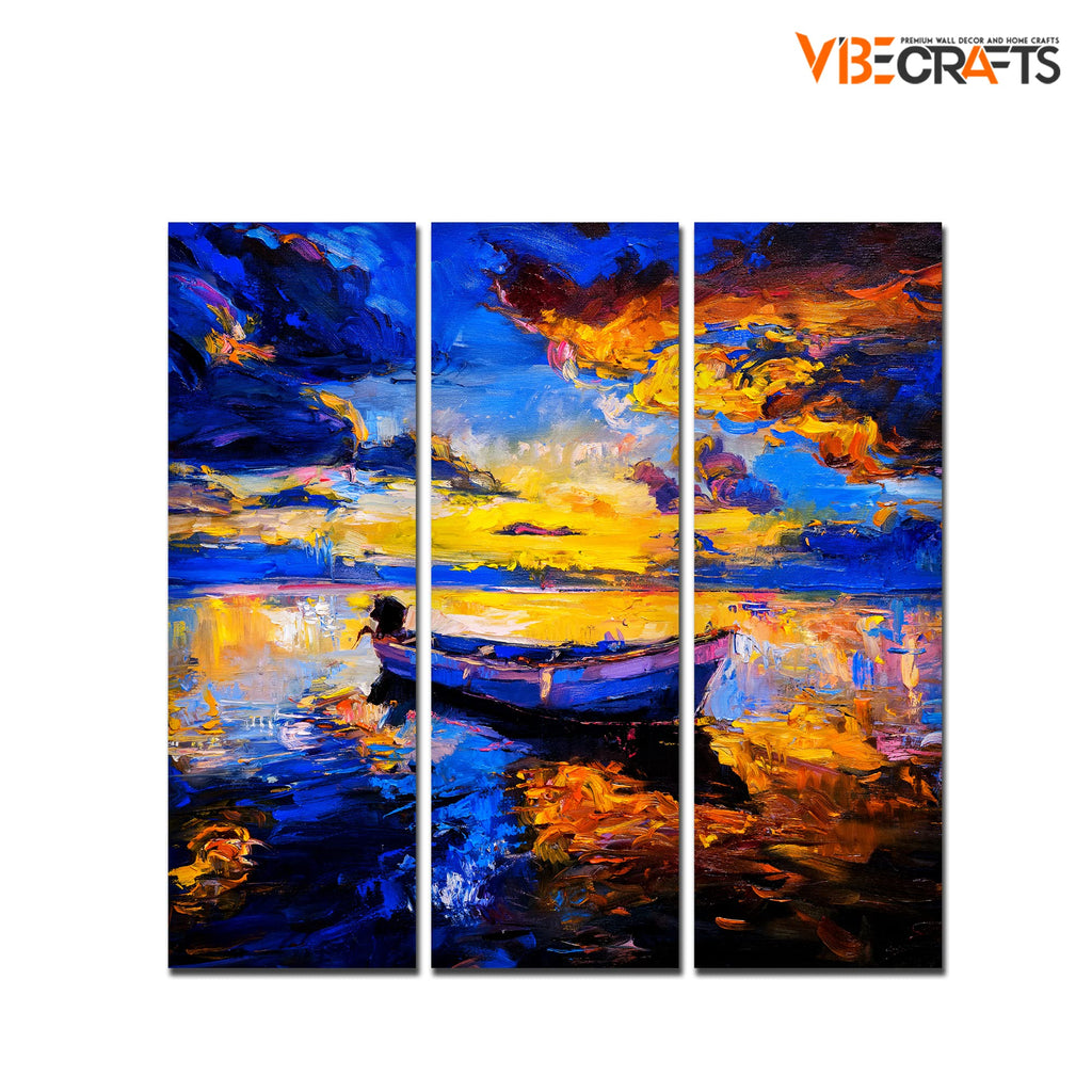 VIBECRAFTS 3 Pieces Beautiful Sunset & Boat Canvas Wall Painting Fitted With Wooden Frame For Home | Office | Living Room | Gifts (PTVC3Pcs1_9525)