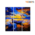 VIBECRAFTS 3 Pieces Beautiful Sunset & Boat Canvas Wall Painting Fitted With Wooden Frame For Home | Office | Living Room | Gifts (PTVC3Pcs1_9525)