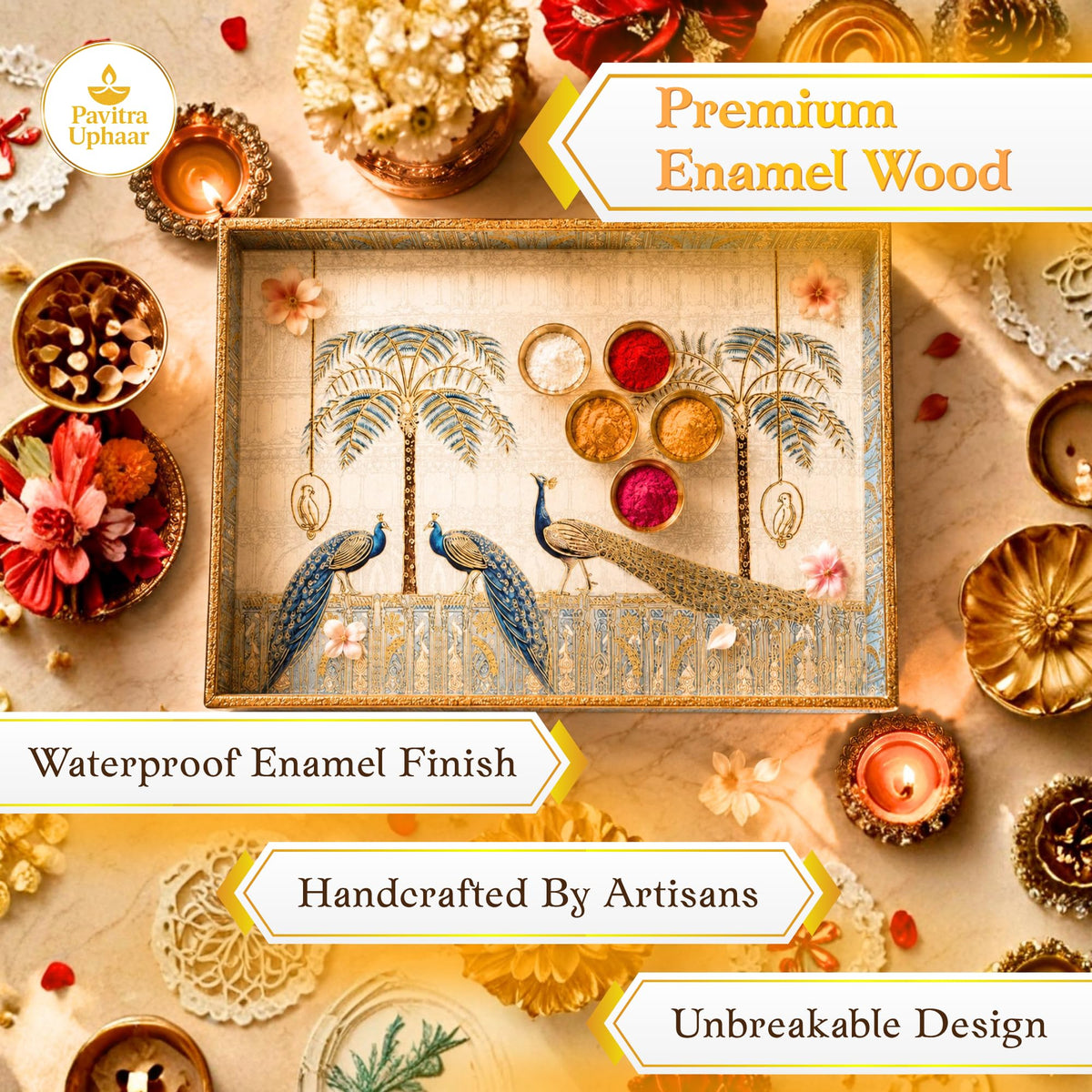 Pavitra Uphaar Peacock Serving Tray, Handcrafted Solid Wood Decorative Tray, Blue & Gold Indian Heritage Design, Tea & Snack Serving Platter, Coffee Table Tray, Housewarming & Festive Gift