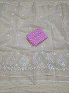 SUNEHRIDORIA Women’s Kota Doria Embroidery Saree with Blouse | Lightweight Soft Cotton Blend Kota Doria Saree | White Chikankari Style Thread Work Saree for Women (Cream)
