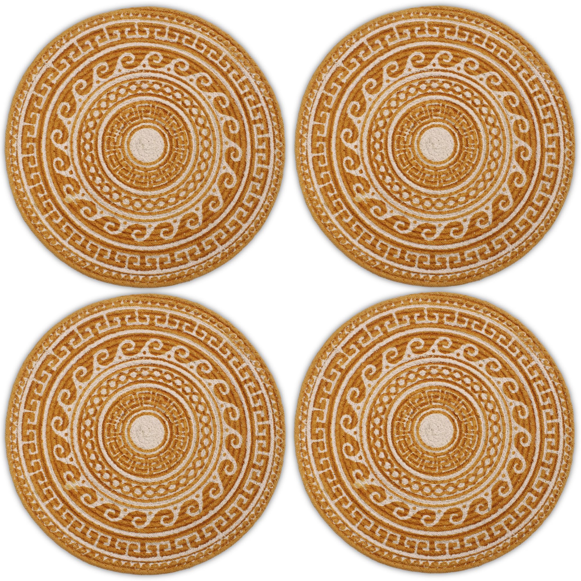 Encasa XO Dining Table Mats, Round Ribbed Cotton, Heat Resistant Mustard Kafalo