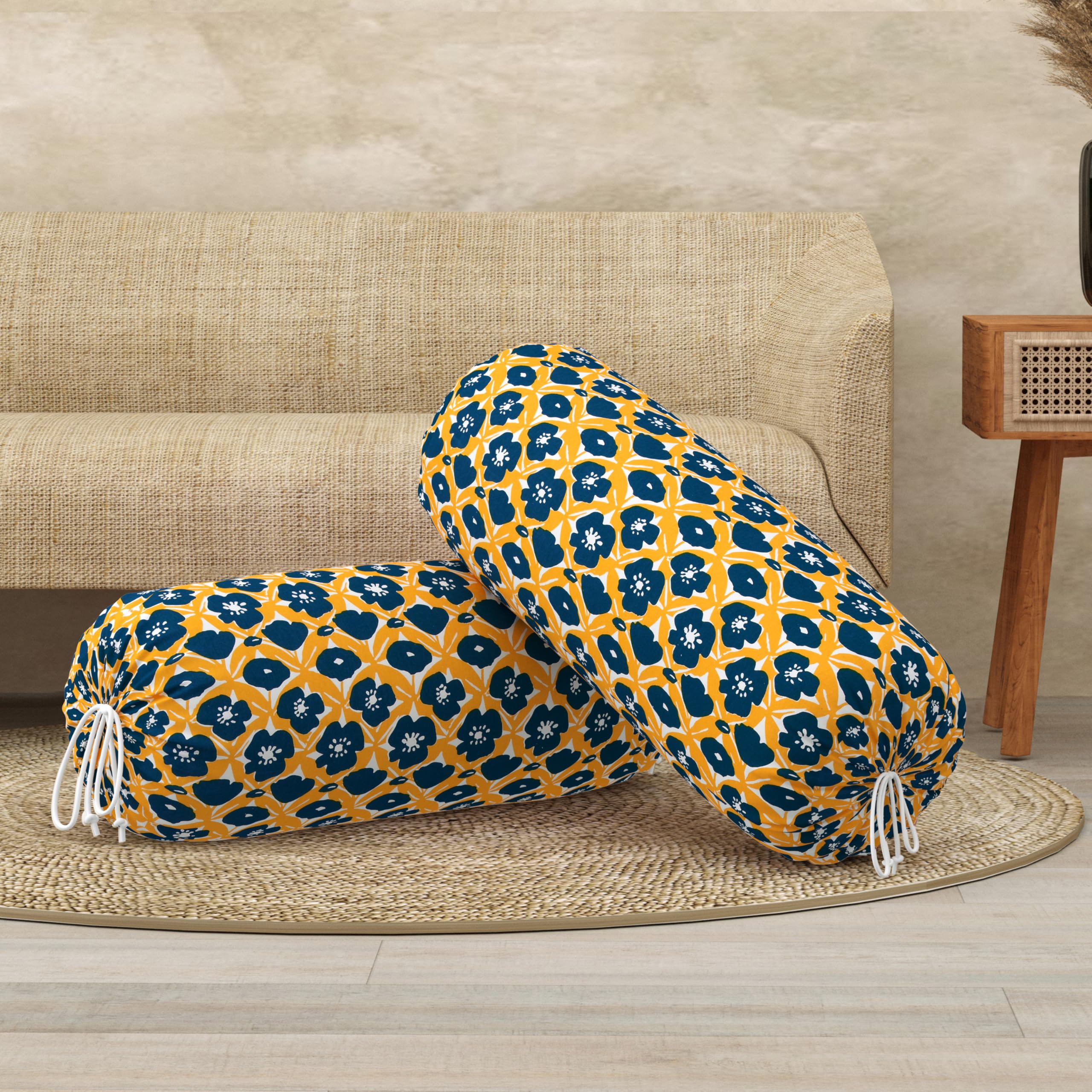 BLOCKS OF INDIA Cotton Hand Block Printed Bolster Cover | Booster Cover with Drawstring | Round Long Pillow Cover for Bed | Dewan Pillow Cover Set 16 X 32 | Set of 2 (Yellow Flower)