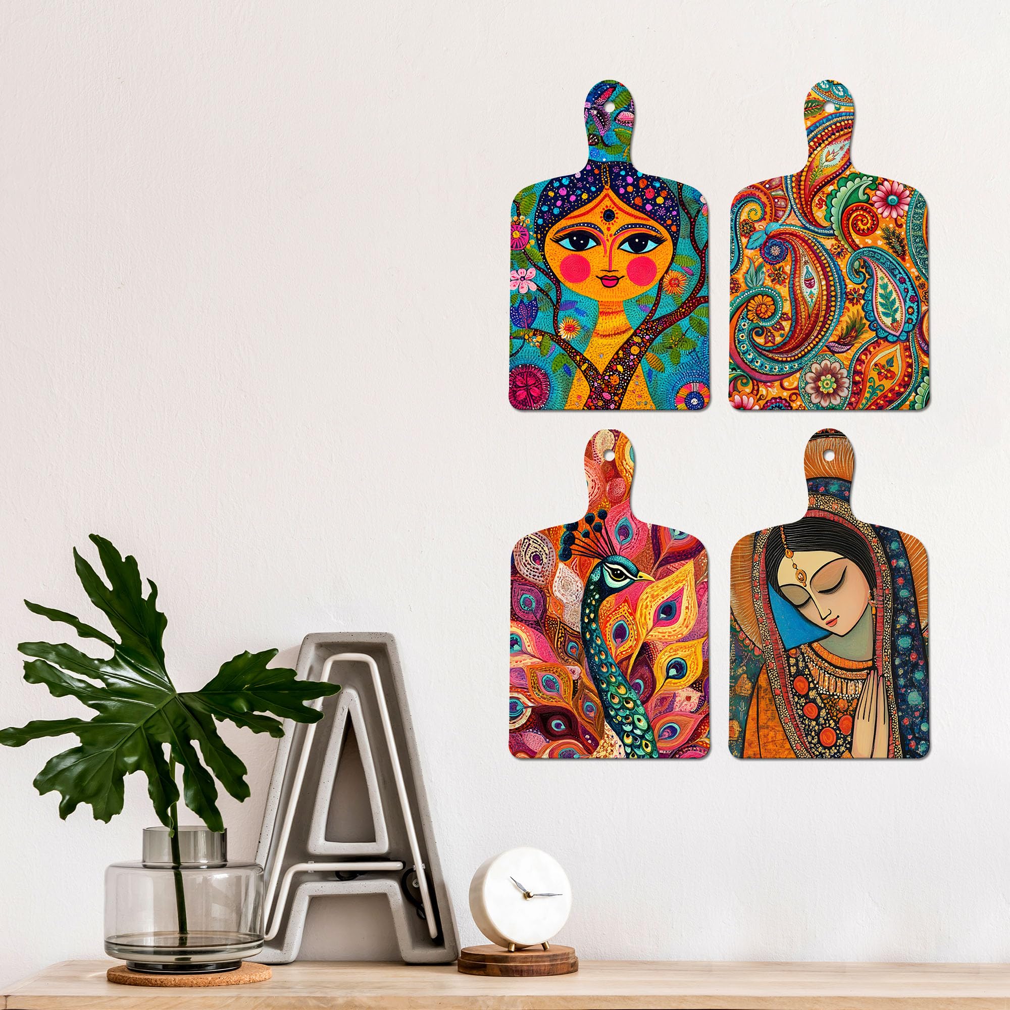 Artvibes Beautiful Women & Peacock Colorful Madhubani Art Wooden Art Decoration Item for Living Room | Office | Cafe | Aesthetic Wooden Decor | Graphic Artwork | Ideal Gifts (WH_5636N), Set of 4