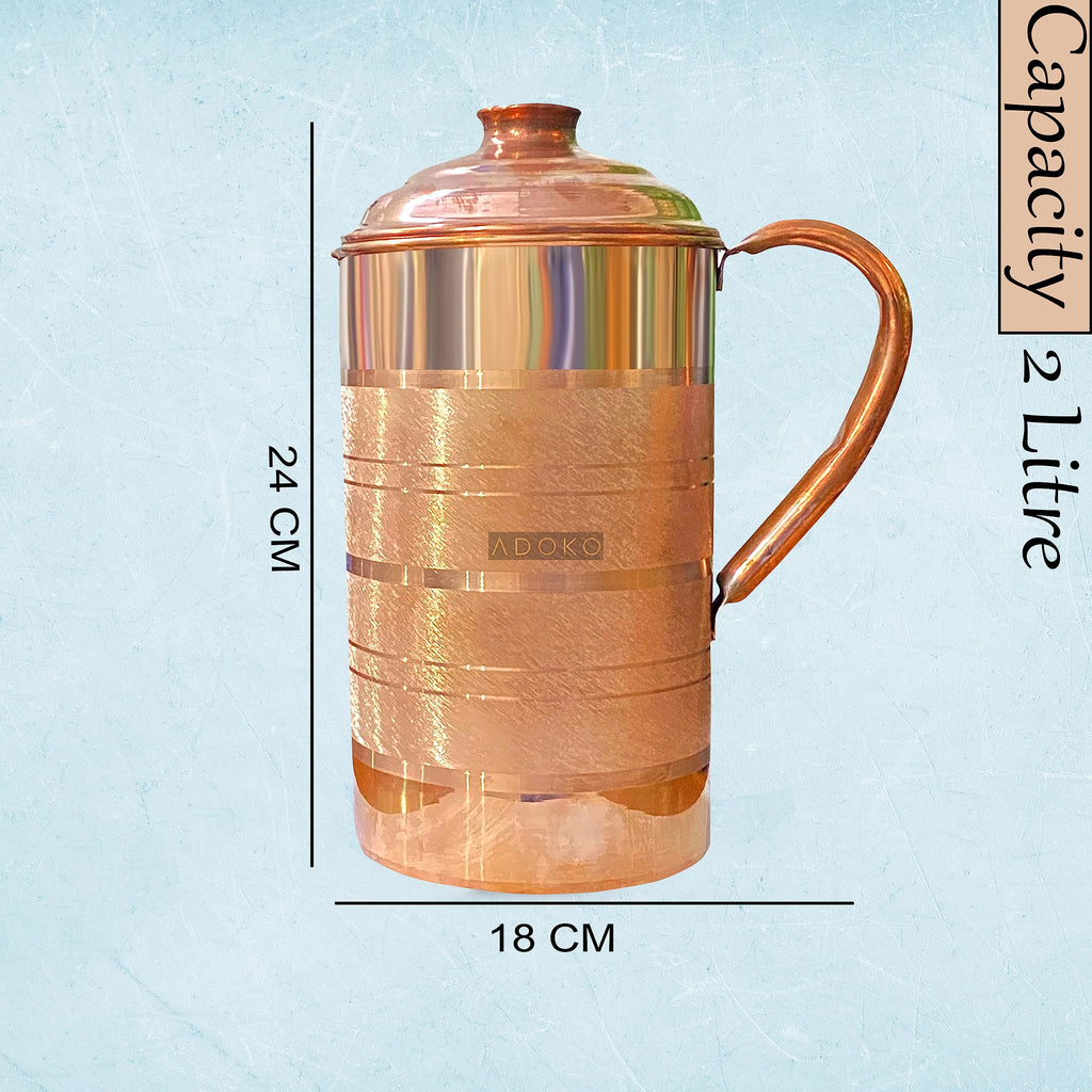 Adoko Pure Copper Water Jug 2 Litre with 1 Copper Glass (300ml) | Ayurvedic Copper Pitcher Set for Drinking & Storage for Health & Wellness