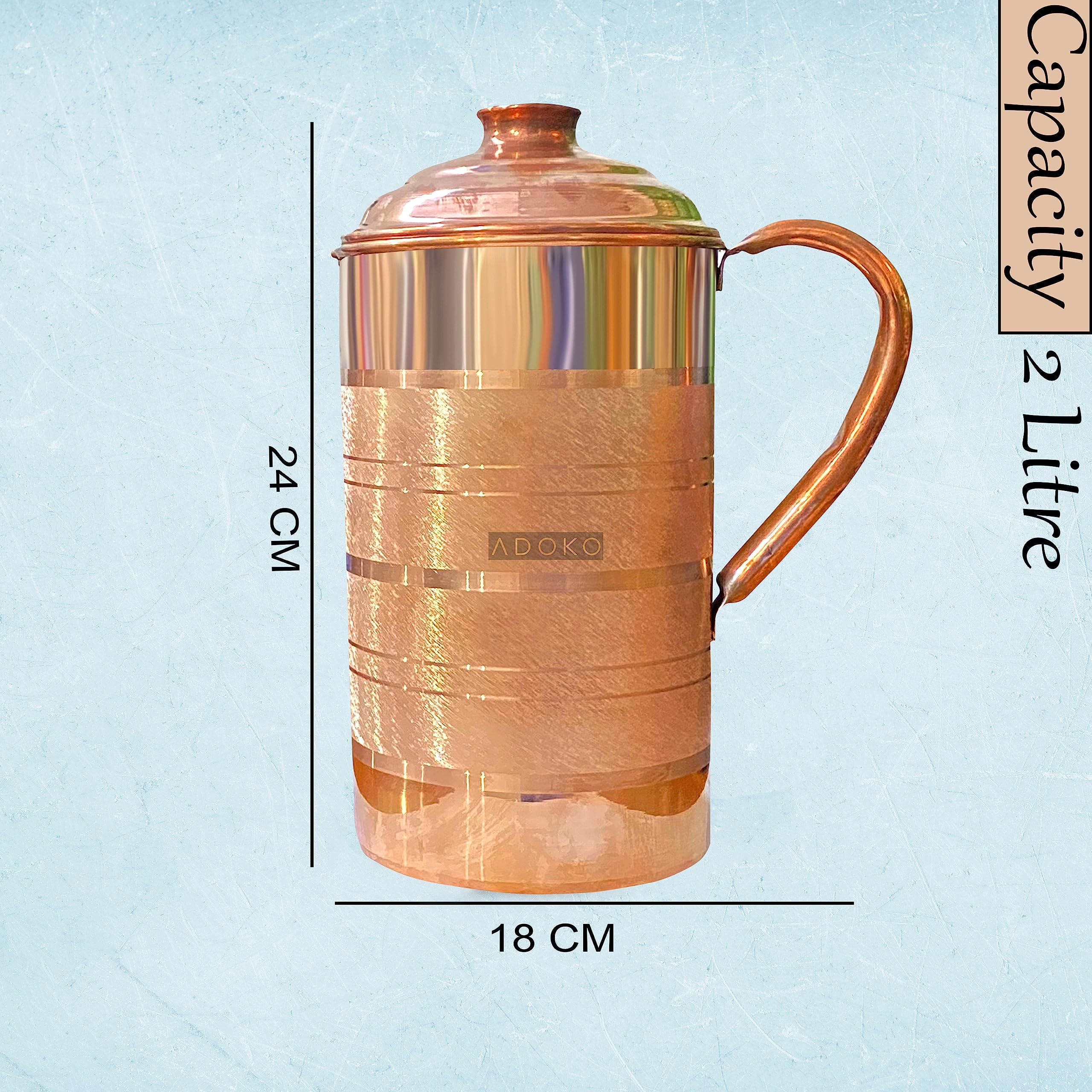 Adoko Pure Copper Water Jug 2 Litre with 1 Copper Glass (300ml) | Ayurvedic Copper Pitcher Set for Drinking & Storage for Health & Wellness