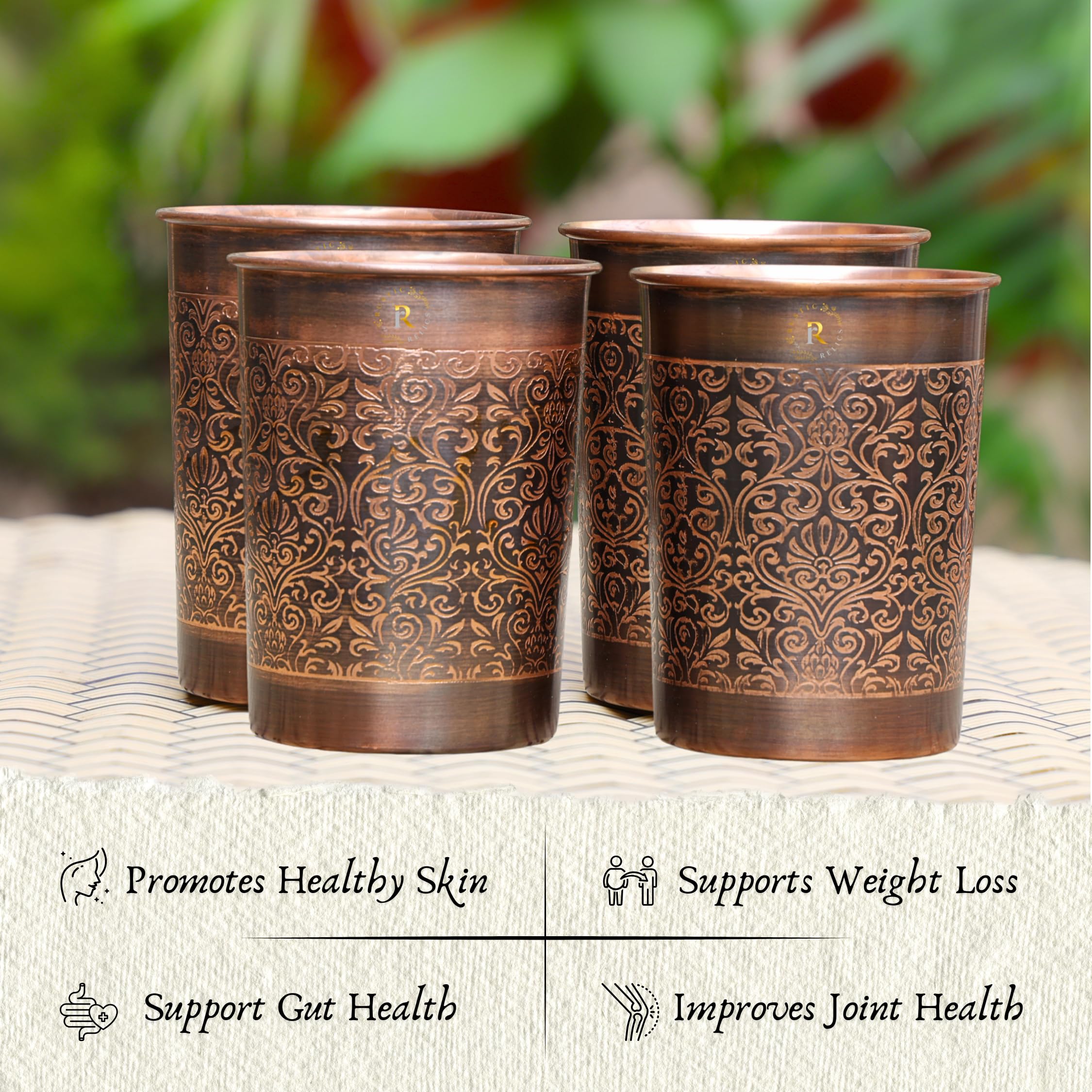 RUSTIC RELICS Pure Copper Handcrafted Glasses Set with Gift Box Set of 4 Antique Etching Design for Ayurveda Wellness | Elegant Ayurvedic Benefits | Perfect and Premium Gifting Hamper - 250ml