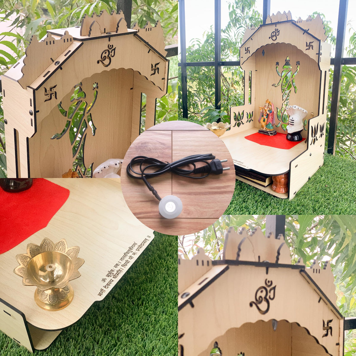 Townside® Moksha Temple Wooden Pooja Mandir for Home & Office, Puja Stand for Floor & Wall with LED Light (H: 20, L: 12, W: 12 inches) Modern Beige
