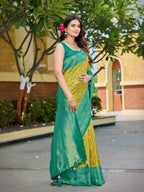 MANOHARI Banarasi Satin Silk Blend Saree for Women | Floral Zari Woven Saree with Mustard Color and Turquoise Blue Border & Tassels with Elegance look_MN2080