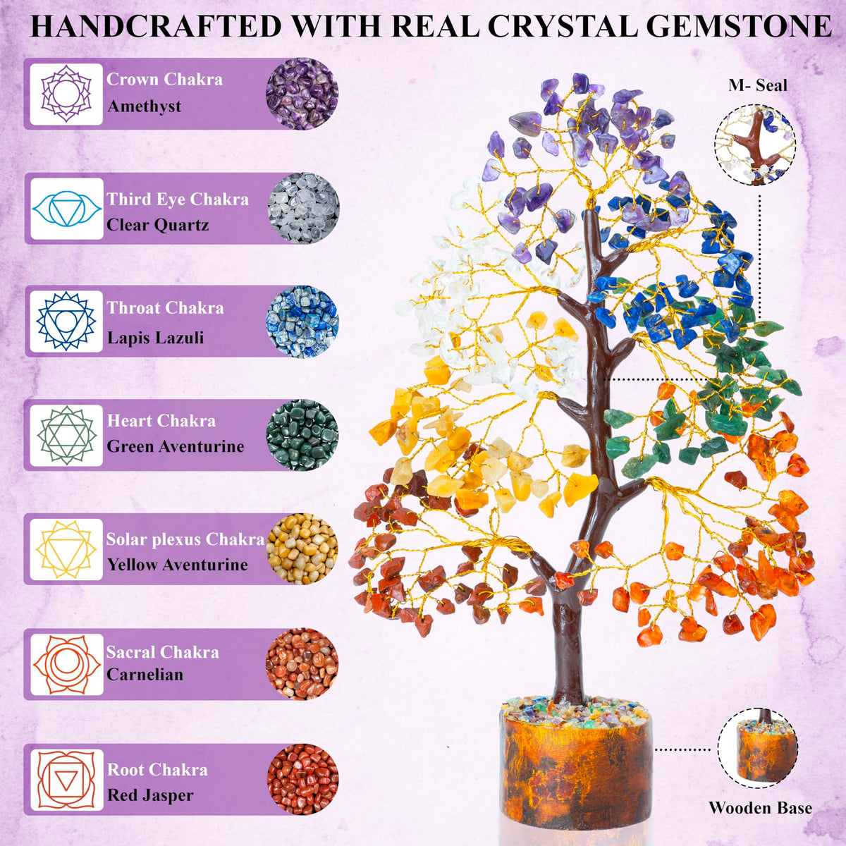 HindCraft Seven Chakra Crystal Tree for Good Luck & Positive Energy | Multicolor Golden Wire Bonsai Money Tree with Crystals & Gemstones | Perfect Home Décor & Gift Item
