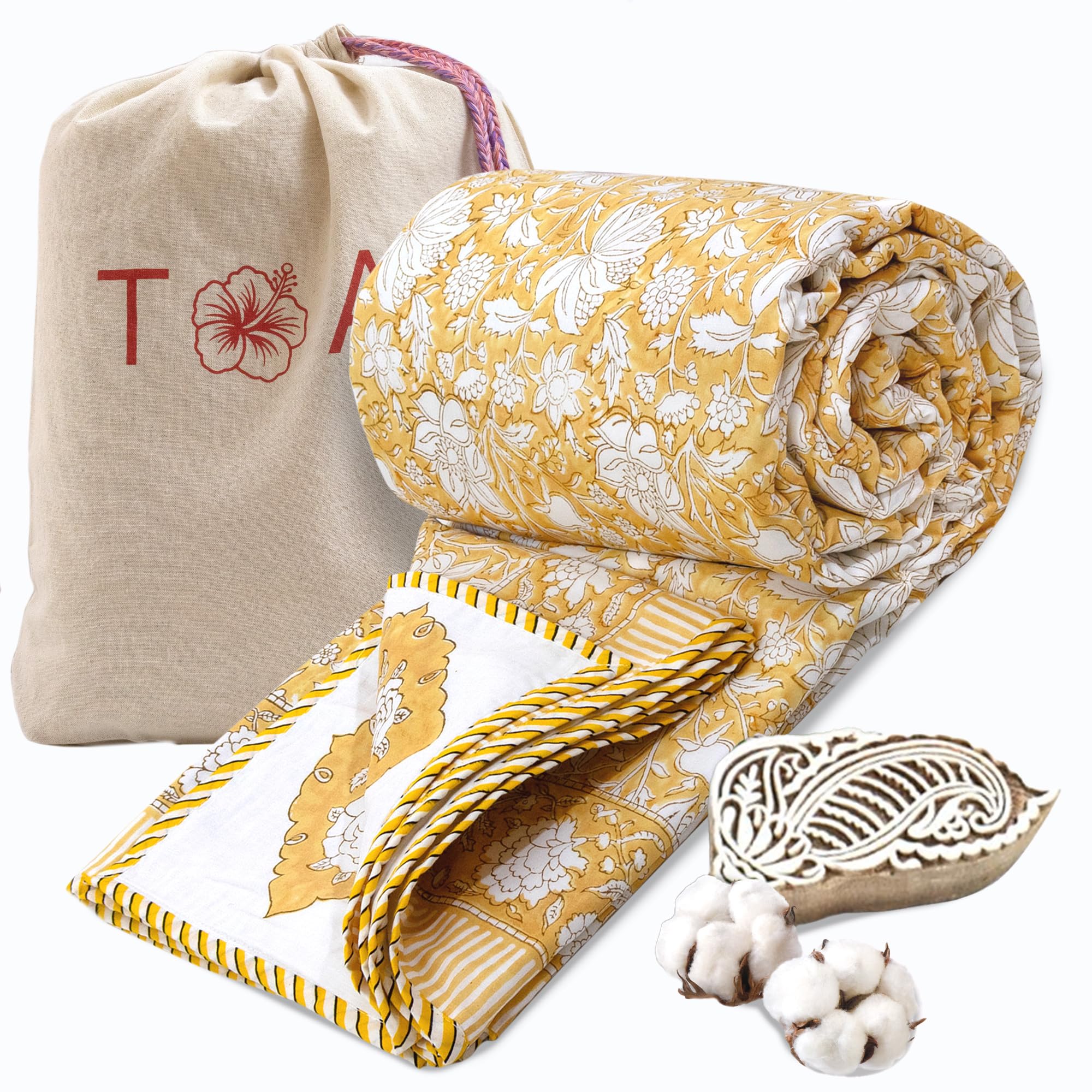 TOAIArt Premium Jaipuri Dohar | AC Blanket Summer Quilt | Hand Block Printed | 3 Layers | Reversible | 150GSM 100% Mulmul Cotton| 100% Cotton Flannel Filling | Queen 90 X 108|Light Mustard Kalamkari Kafalo