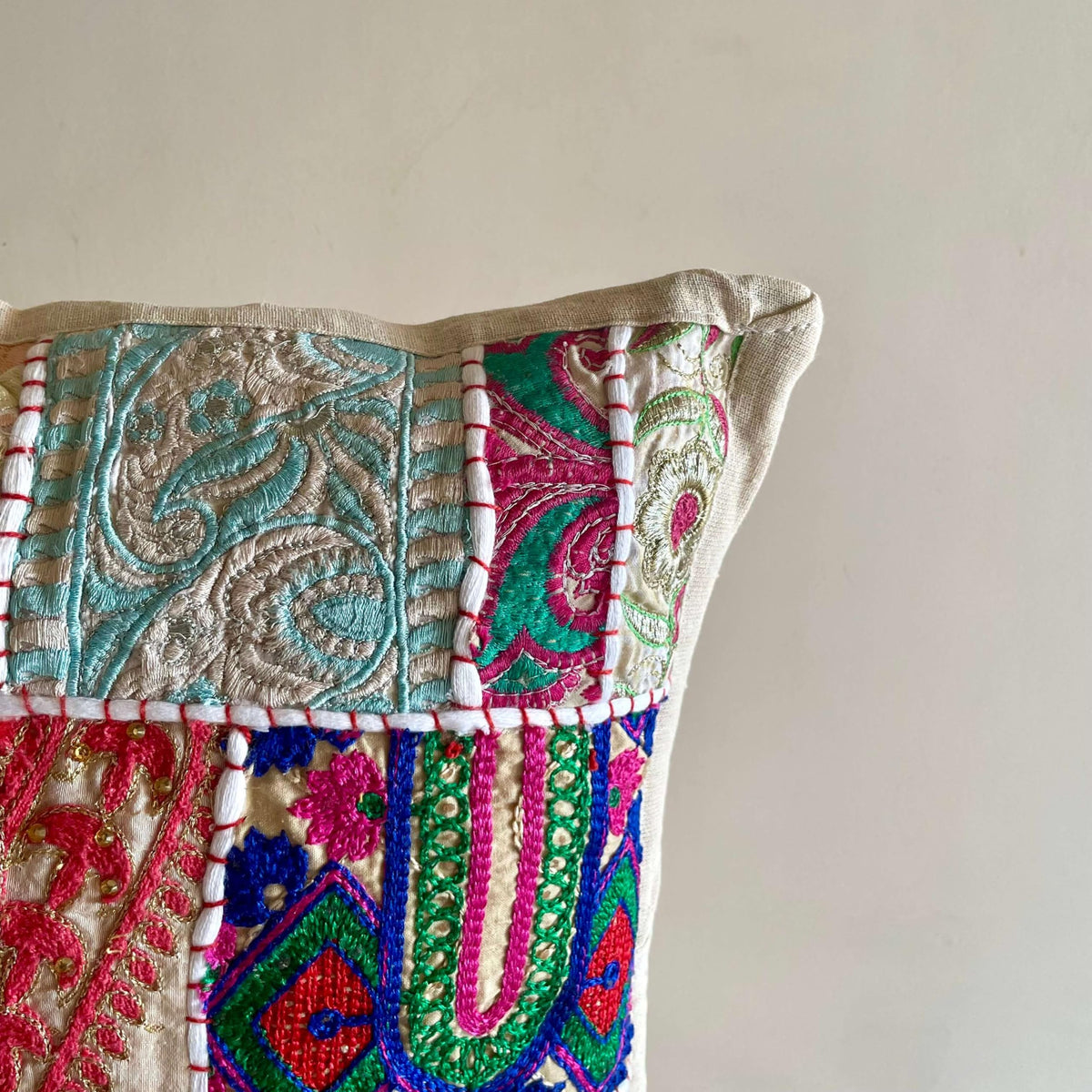 ATRANGI STUDIO Patchwork Cushion Covers - Set of 2 | Handcrafted Khambadiya Patchwork | Rajasthani Art Pillow Cover | Ethnic Cushion Covers for Sofa, Bed & Home Decor | 16x16 Inch, White