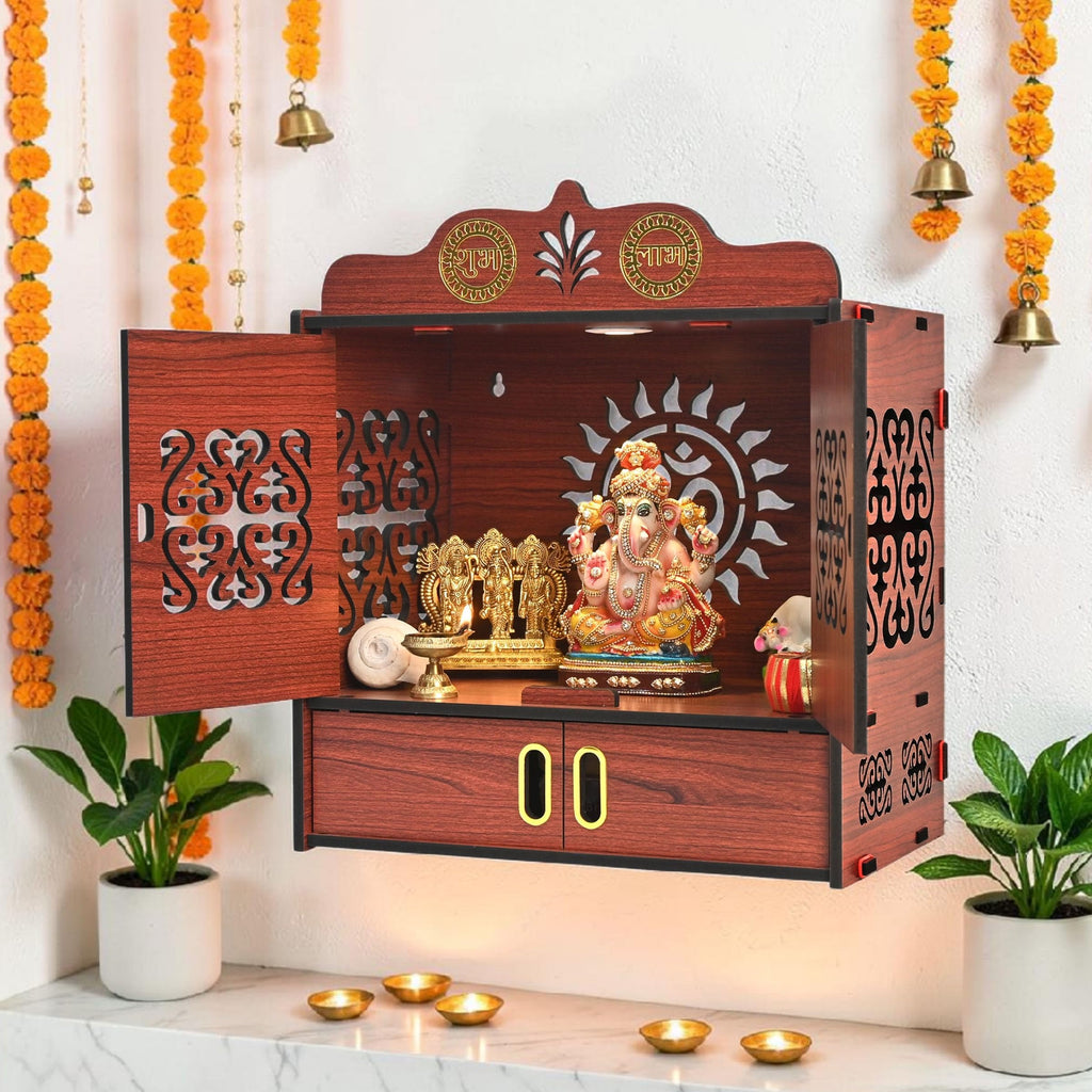 Gift Kya De Wooden DIY Pooja Temple for Home with Door | Pooja mandir with Door Wall Mounted Temple with LED Light | Home Mandir for Puja Room, Living Room & Office | 16 x 14 x 9 Inch