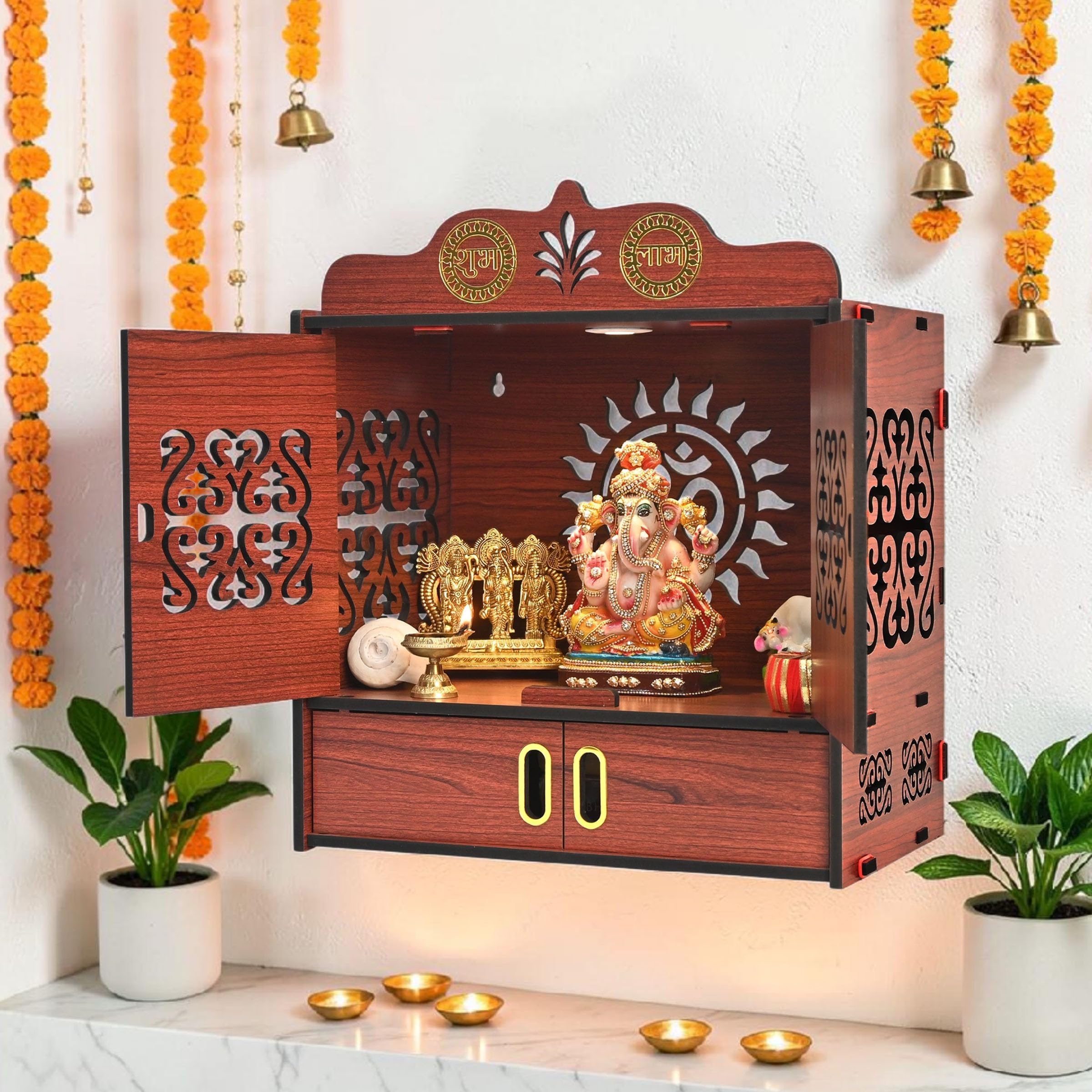 Gift Kya De Wooden DIY Pooja Temple for Home with Door | Pooja mandir with Door Wall Mounted Temple with LED Light | Home Mandir for Puja Room, Living Room & Office | 16 x 14 x 9 Inch