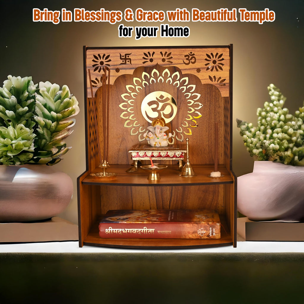 Rousrie Beautiful Wooden Temple Unit for Home | Pooja Mandir with Storage Space Wall Mounted | Puja Cupboard for Home Size (H-15.3, L-10.6, B-11 Inch)