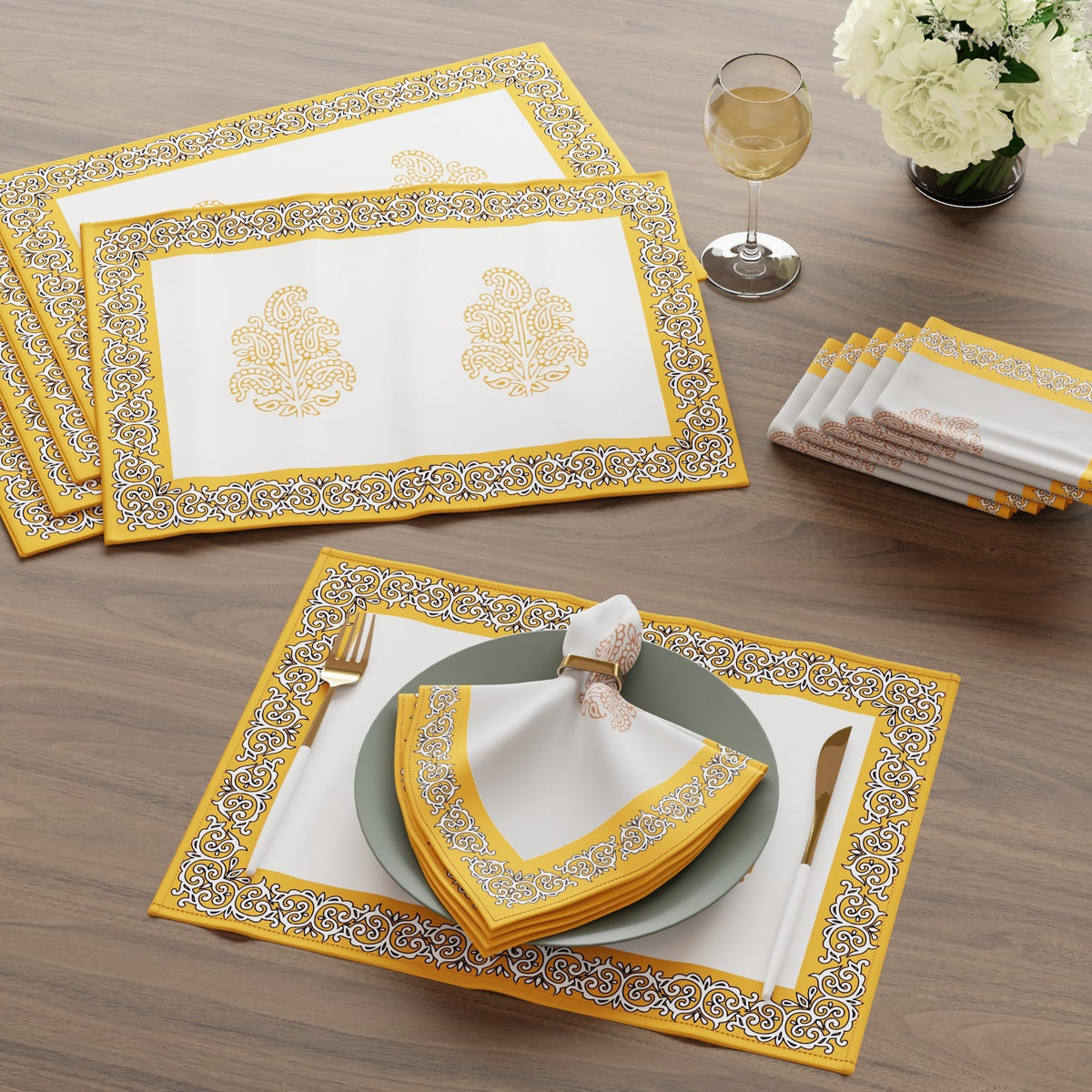 Encasa XO Dining Table Mats, Cotton Placemats, Cloth Napkins Set Yellow-01 Kafalo
