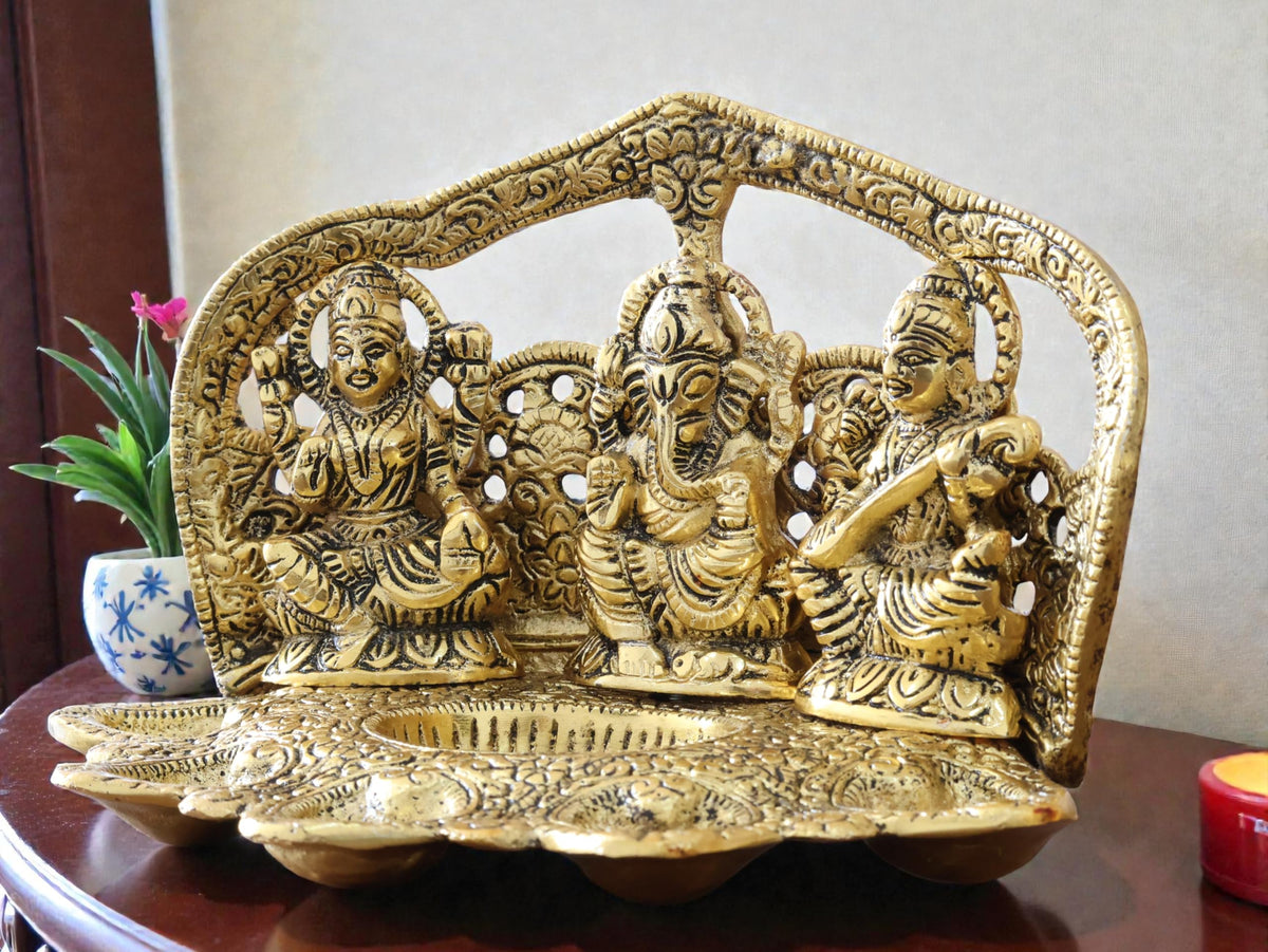 Kridaykraft Metal Laxmi Ganesha Saraswati Idol with 5 Oil Lamp Diya - Religious Murti for Home Decor, Puja, and Diwali Gifting (21 cm, 650g, Antique Gold Finish)