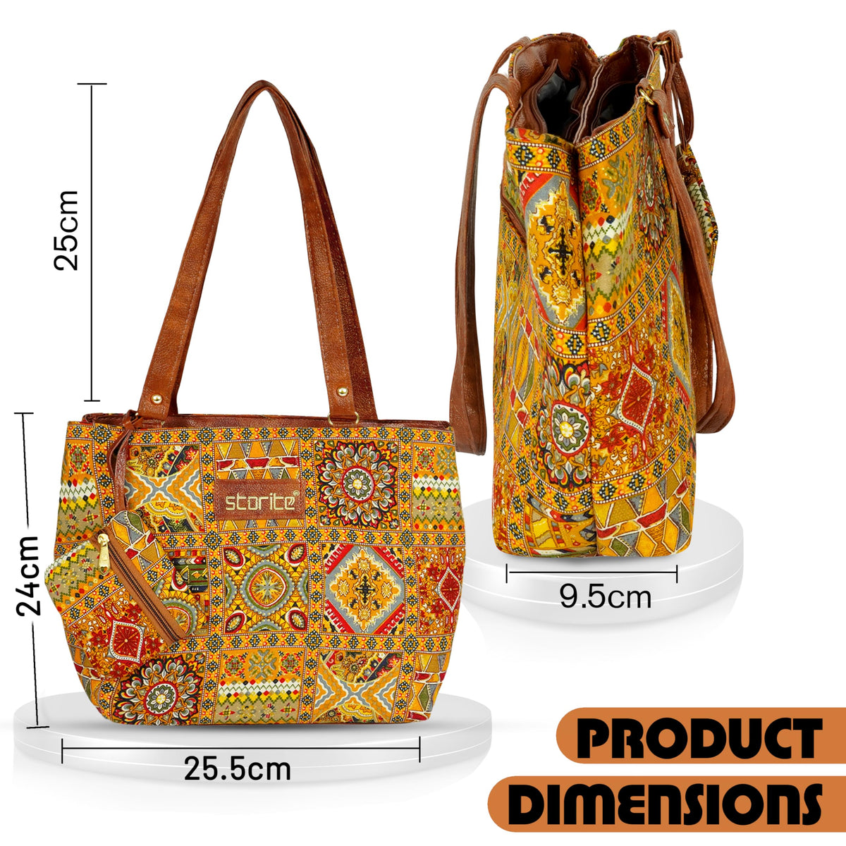 Storite Women's Tote Bag with Leather Handles & Embroidery Printed Handbag with Zip Pockets, Shoulder Tote Bag and Handbag for Office and College (Mandala Geometric Patchwork)