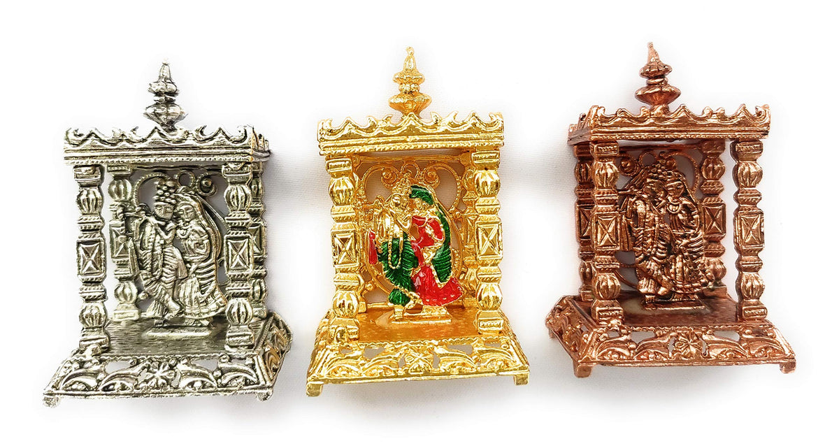 Chircrafts Radha Krishna Temple/Home Mandir- Metal Plated Especially for Diwali Puja and Gift Purpose(H 2 x L 1 x W 1) inches,Combo -3