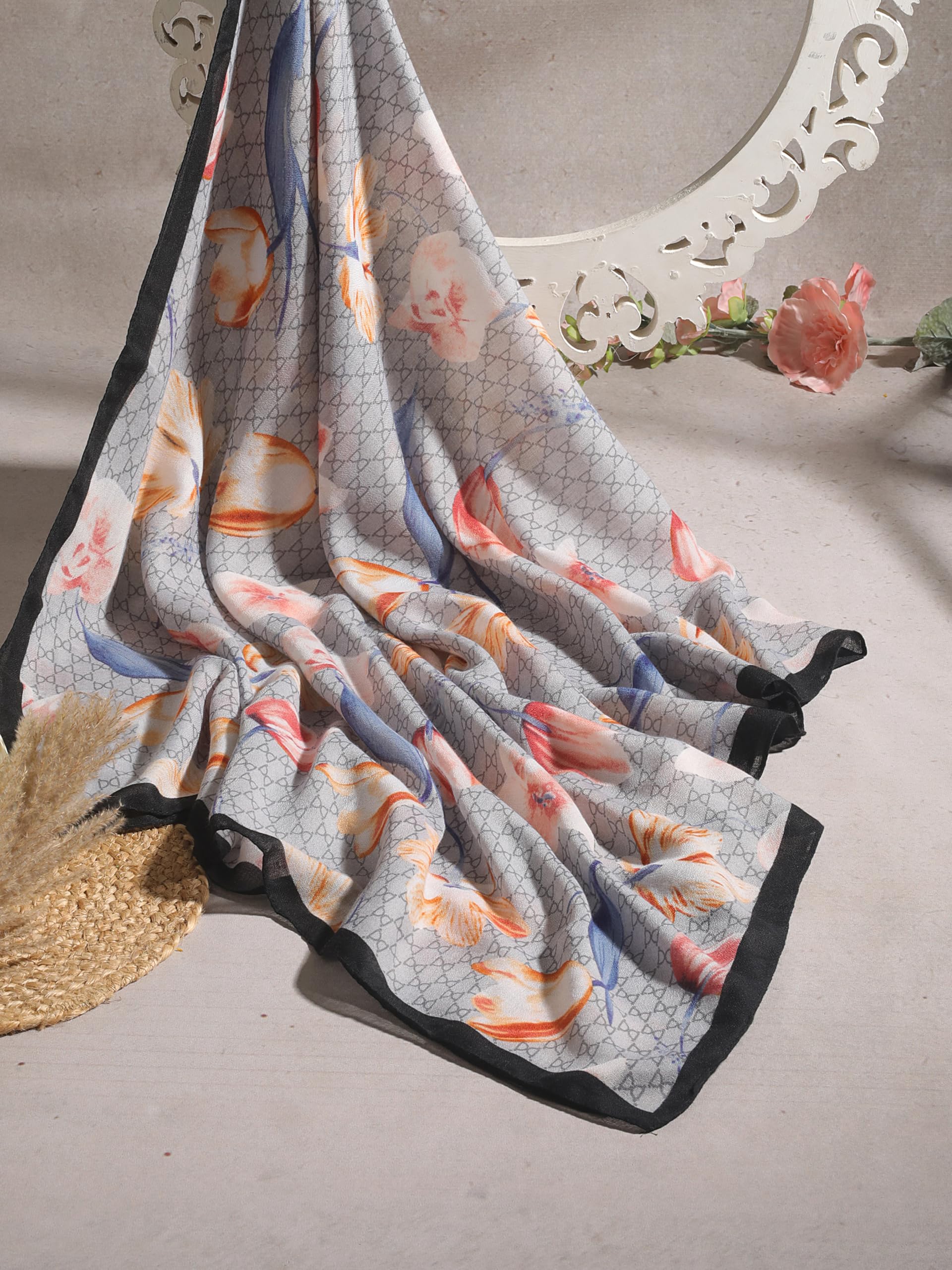 CrossKulture Blue-Brown Blended Cotton Wool Scarf |Women's Long Winter Stole |Floral Design |Stylish & Lightweight |Warm Body Wrap, Head Neck Scarf for Women - Wedding & Travel, Female