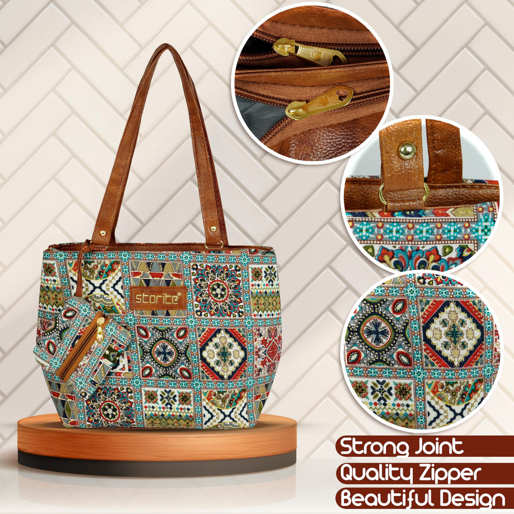 Storite Women's Tote Bag with Leather Handles & Embroidery Printed Handbag with Zip Pockets, Shoulder Tote Bag and Handbag for Office and College (Ethnic Mosaic Patchwork)