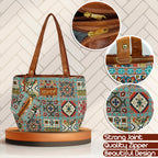 Storite Women's Tote Bag with Leather Handles & Embroidery Printed Handbag with Zip Pockets, Shoulder Tote Bag and Handbag for Office and College (Ethnic Mosaic Patchwork)
