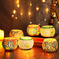 TIED RIBBONS Pack of 6 Mosaic Glass Votive Tealight Candle Holders for Dining Table - Decorations Items for Decor Living Room (Pack of 6, Glass) - Decorations Items for Home Office - Gifts