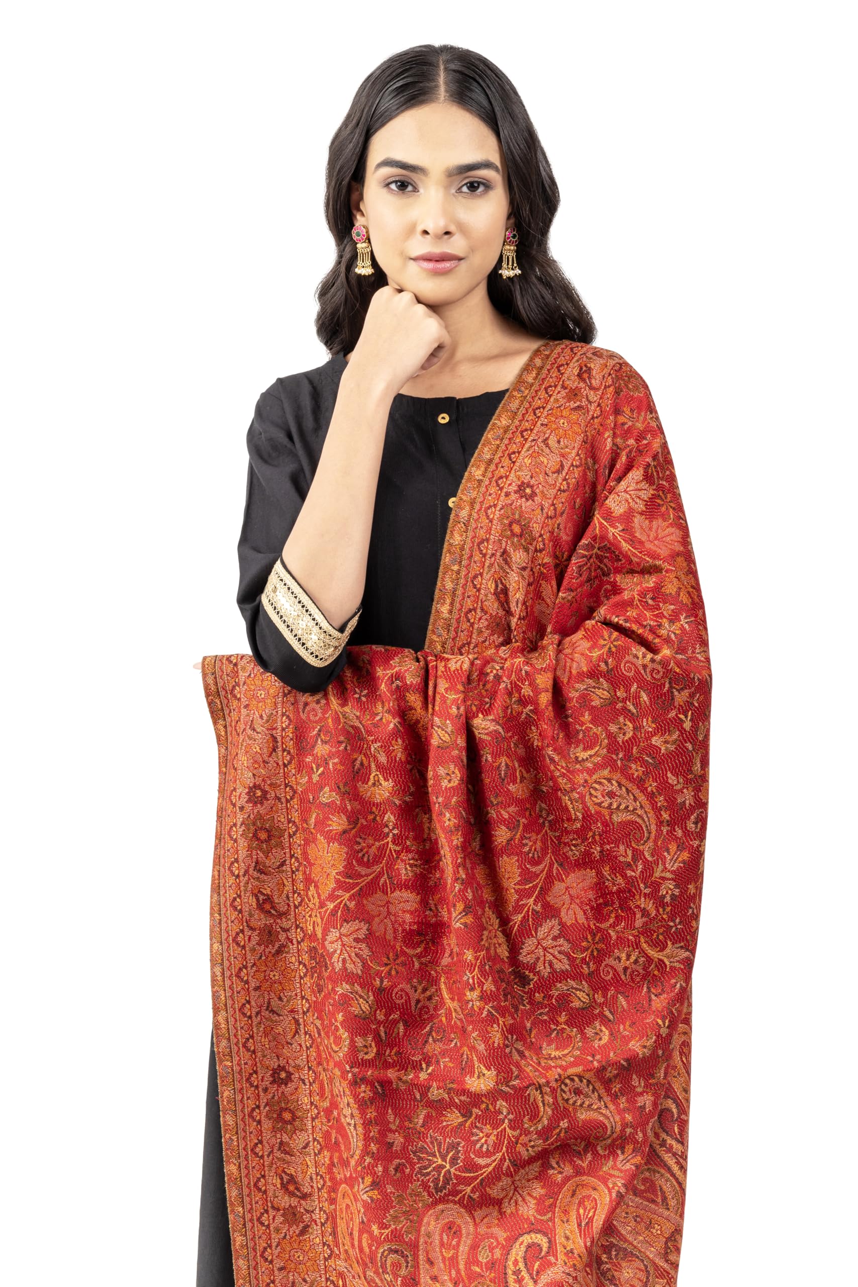 Naureen Women Faux Pashmina Kashmiri Jamawar Shawl, Warm and Soft, 40x80 inch (Maroon)