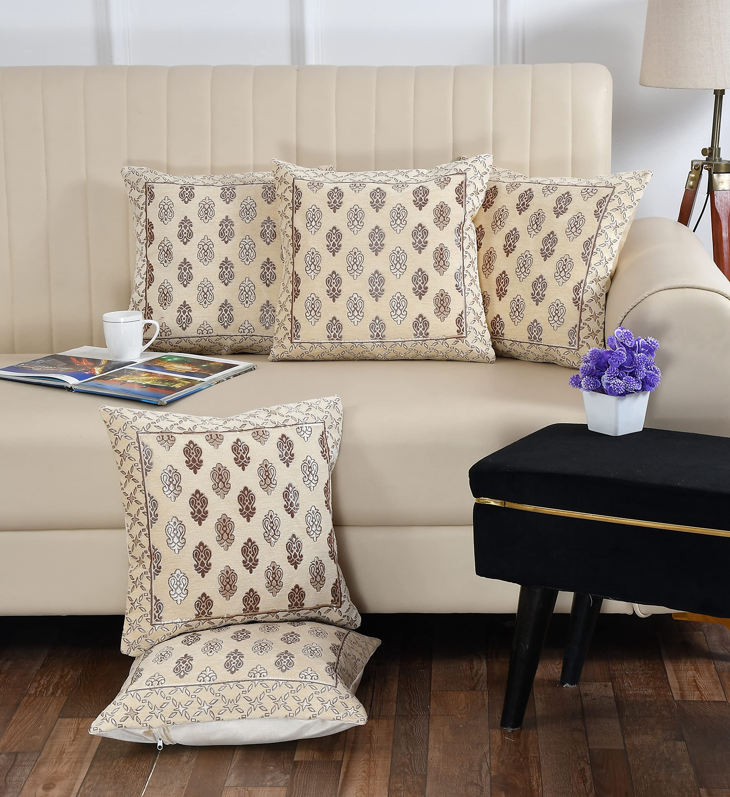 DECOMIZER Jacquard Geomteric Cushion Covers 16 Inch X 16 Inch Set Of 5 Ethnic Motifs Cushion Covers,Design- Ambi,Color- Cream, 240 TC
