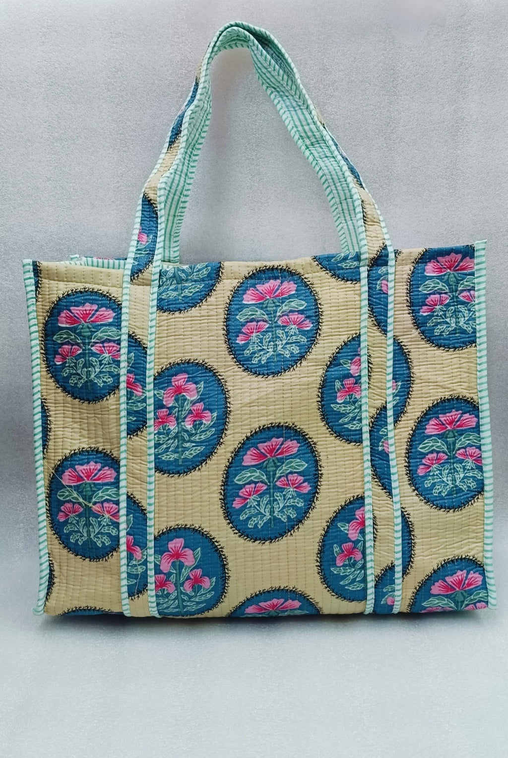 HOUSE OF GULAB Tote Bag for Women Cotton Canvas Tote Bag with Long Handle & Inside Pocket Reusable Shopping Bag Shoulder Carry Bag Eco Friendly Cloth Tote College Office Handbag (Cream & Green)