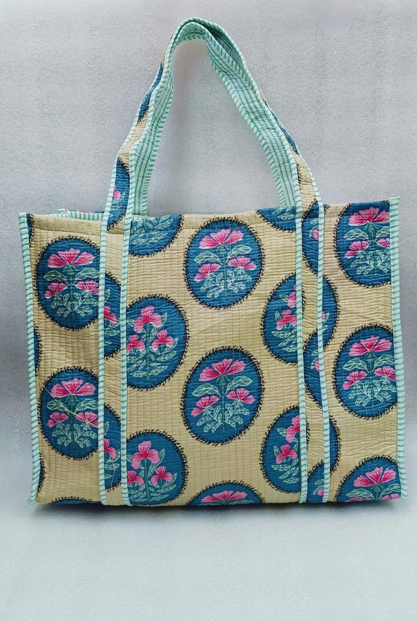 HOUSE OF GULAB Tote Bag for Women Cotton Canvas Tote Bag with Long Handle & Inside Pocket Reusable Shopping Bag Shoulder Carry Bag Eco Friendly Cloth Tote College Office Handbag (Cream & Green)