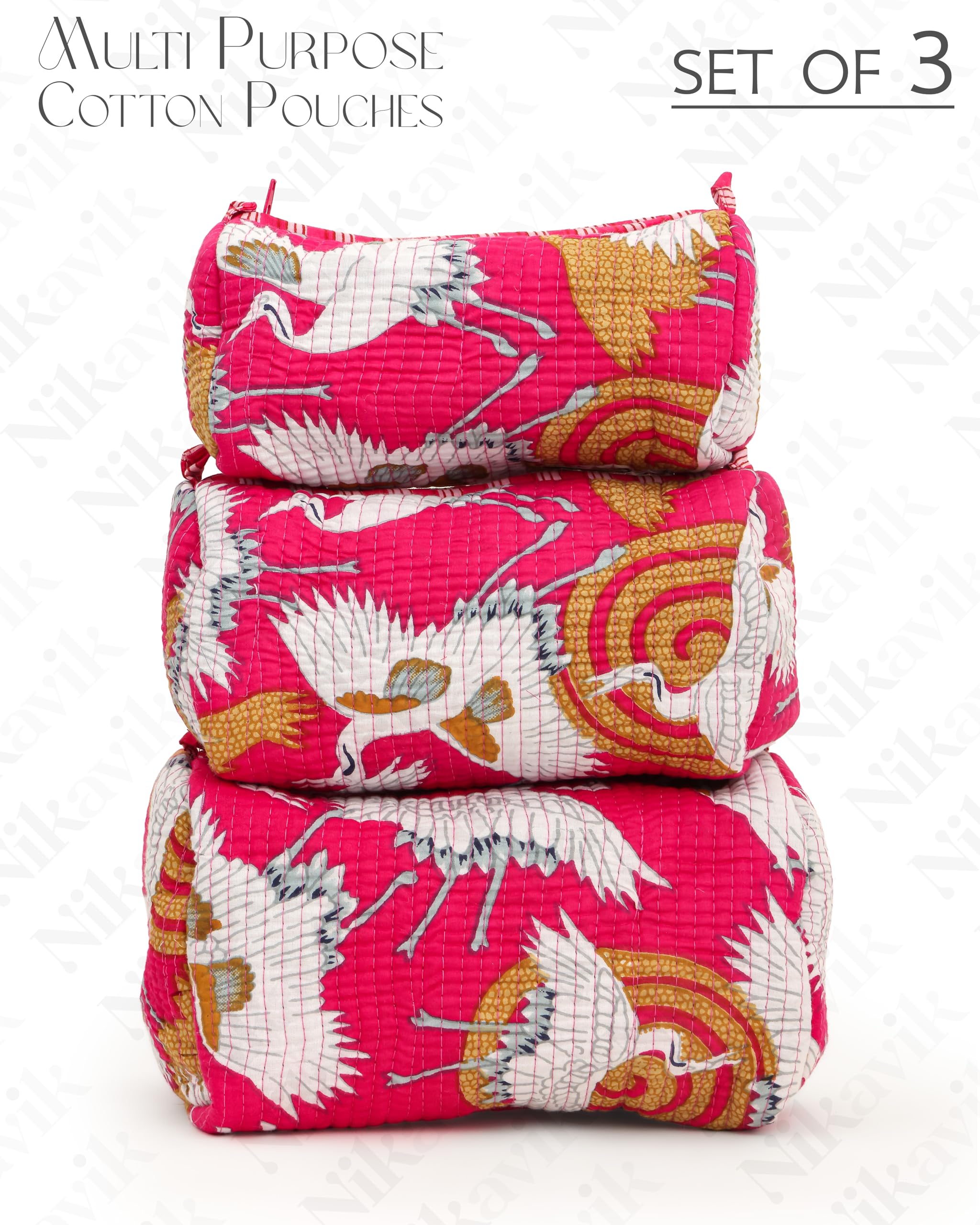 NIKAVIK 1 Tote Bags and 3 Pouch Quilted fabric Handblock Printed Tote Bag(with zip) and bottle compartment with Matching Pouches (Pink)