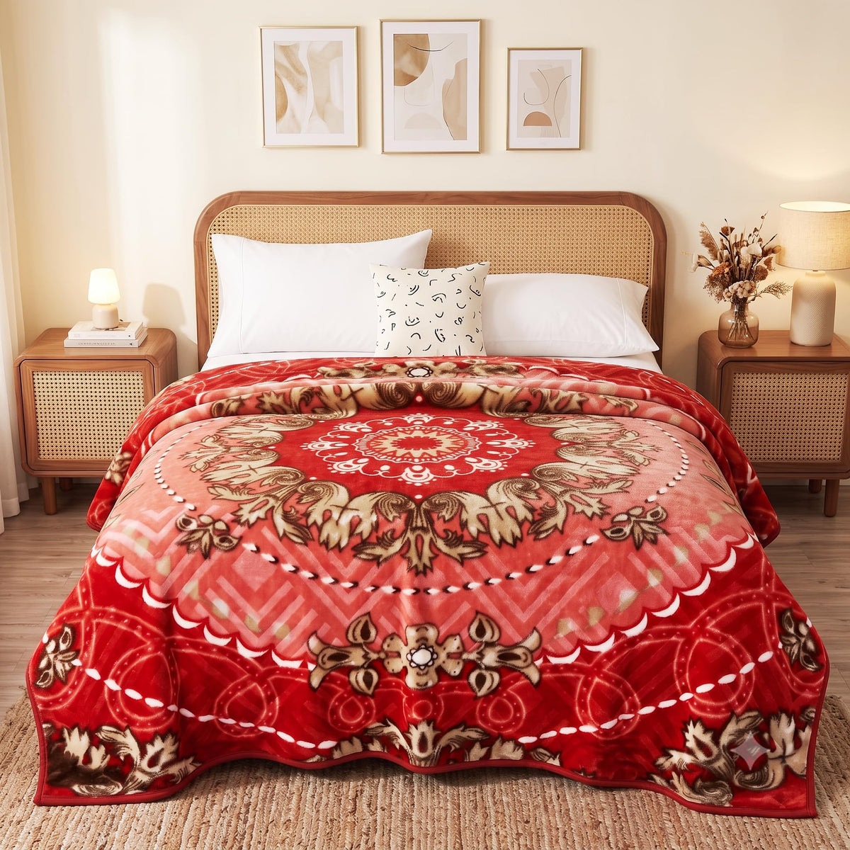 HOMEKART Luxury Mink Blanket for Double Bed 1.5 Kg | Soft Plush Fleece Winter Blanket | Thick Warm AC Blanket with Velvet Feel | Cozy, Lightweight & Breathable | Warm Beige |198 x 190cm (Scarlet) Kafalo