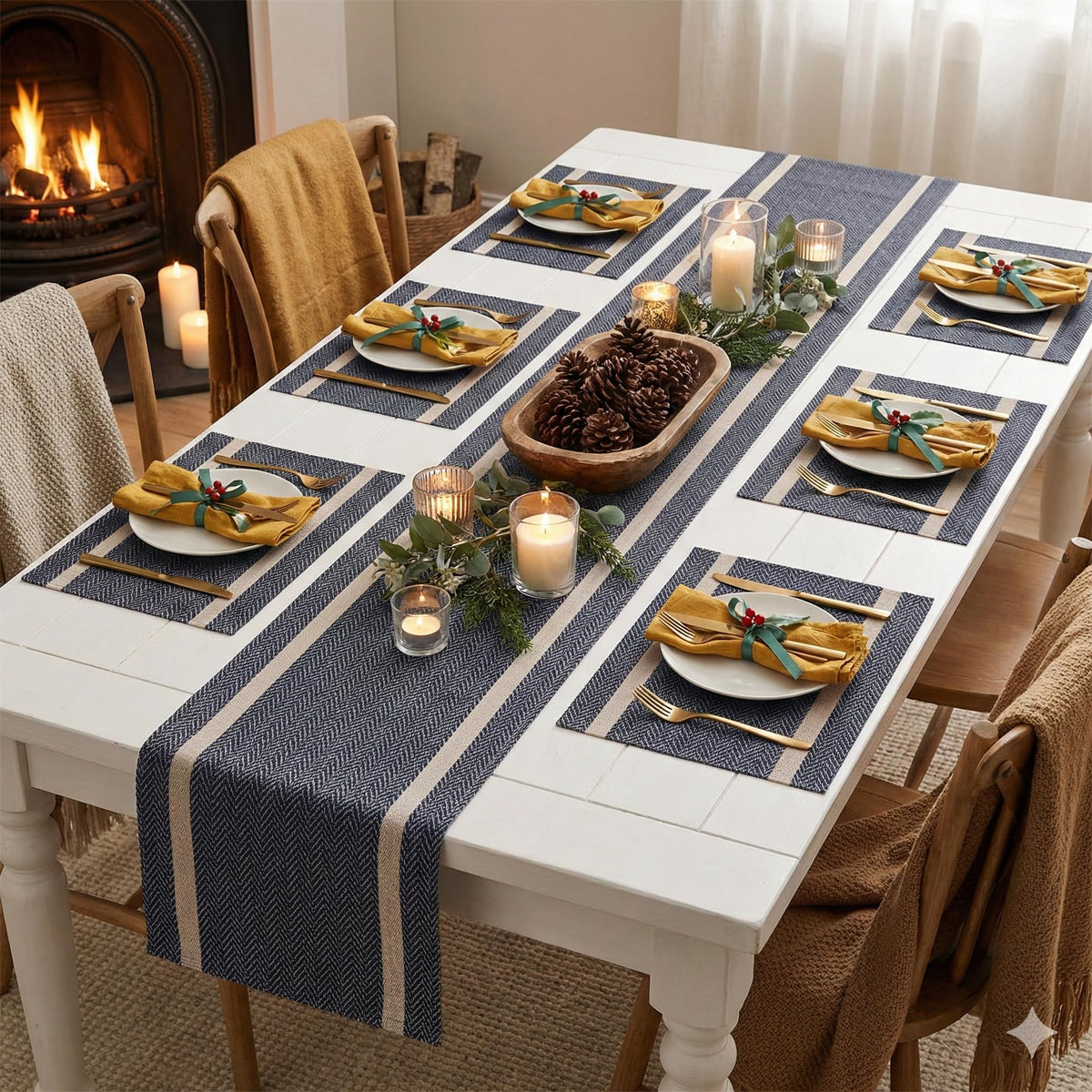 YELONA Dining Table Placemats and Runner Set - Heat Resistant, Washable, Stain Resistant Mats - Woven Vinyl Plastic - Easy to Clean-(45x30 cm 6 Placemats, 135x30 cm 1 Runner)-Ideal for Stylish Dining Kafalo