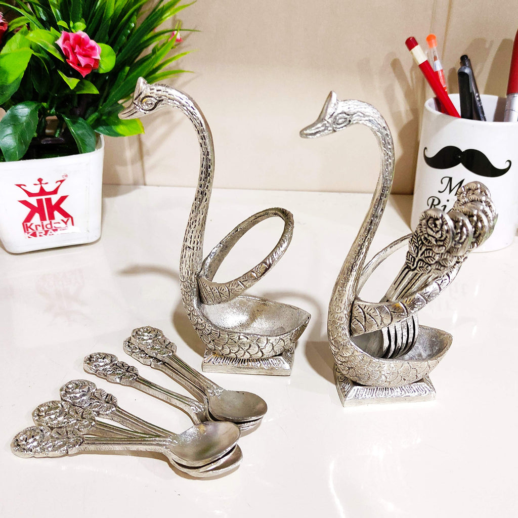 KridayKraft Metal Swan (Duck) Silver Spoon Stand for Dining Table Spoon Set with Stand/Decorative Spoon Rest Showpiece Item for Dining Table...