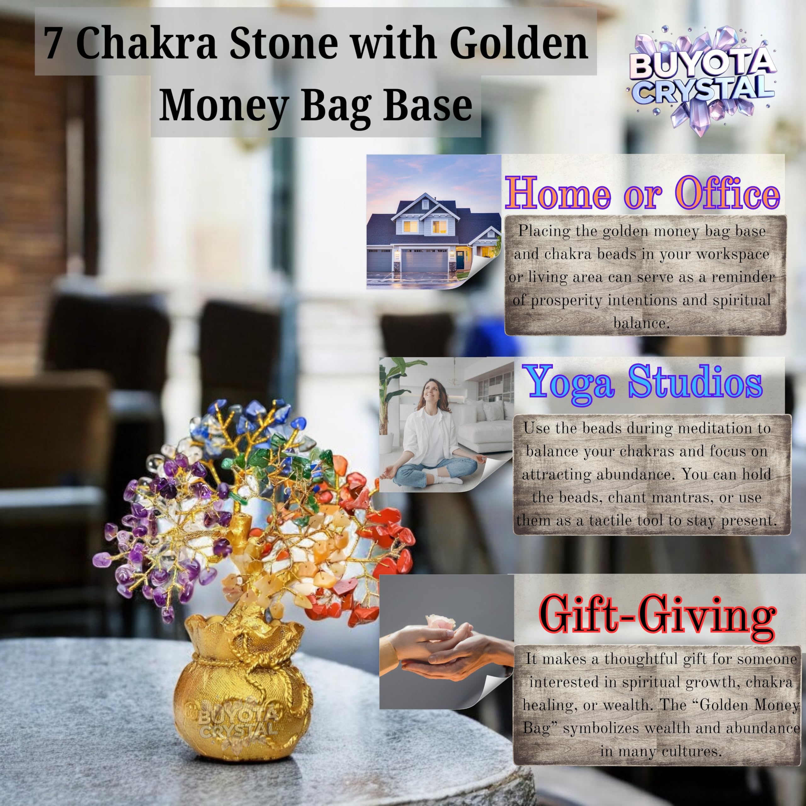 Vastu Approved Natural Gemstone Beads Tree for Feng Shui Crystal Tree Positive Energy, Wealth & Good Luck Healing Stones Bonsai for Gift & Office Table (7 Chakra- Golden Money Bag Base, 160 Beads)