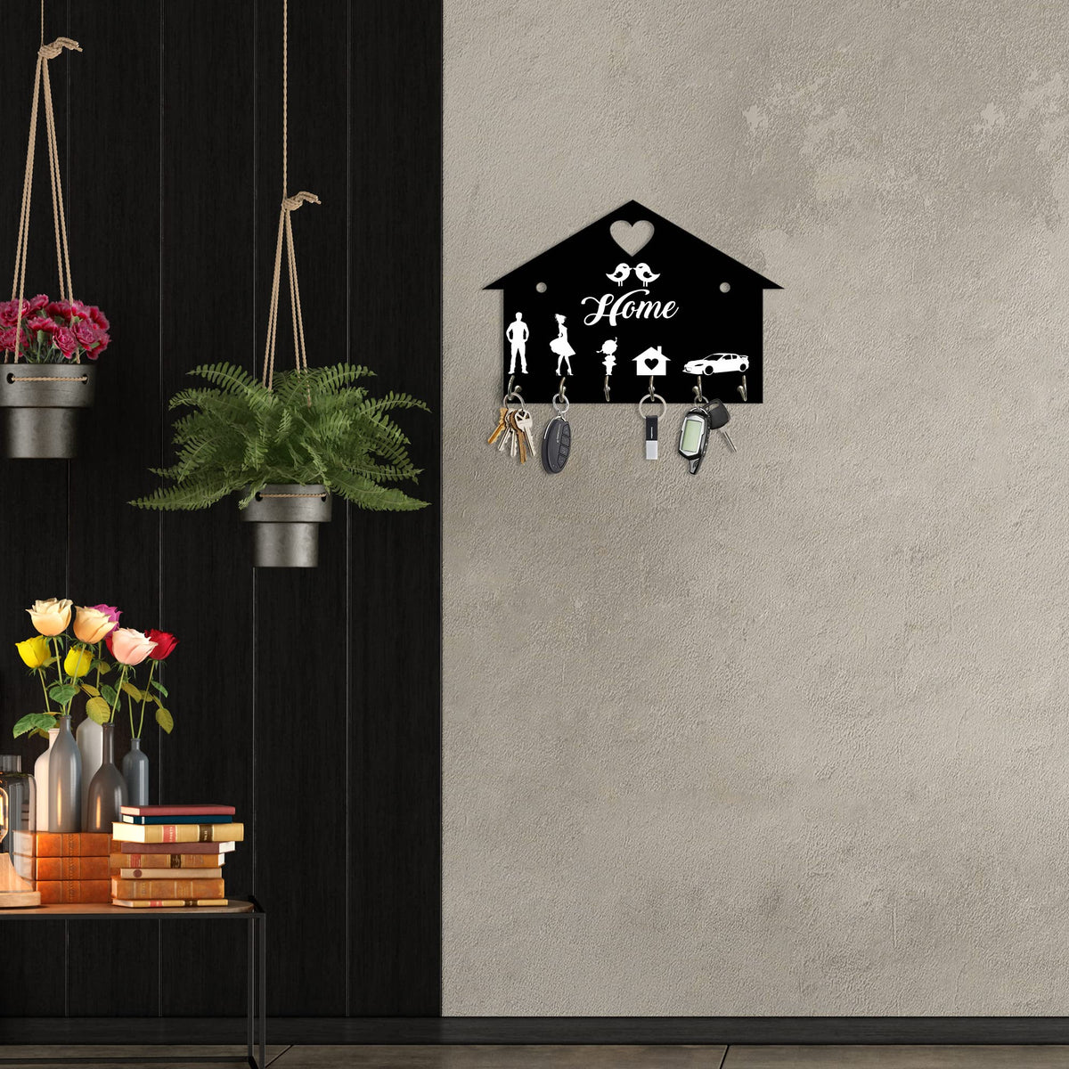 Artvibes Unique Stylish Wooden Key Holder for Wall Decor with Stylish Stainless Steel 6 Hooks Beautiful Key Organizer for Home Decoration(KH_814), Black1