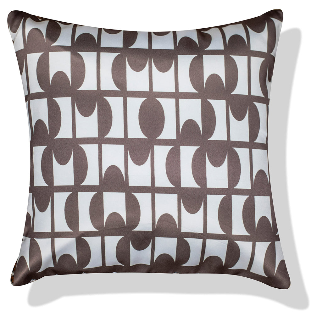 Vendola Decorative Satin Sofa Cushion Covers Set of 5, 24 Inch x 24 Inch, Sofa Cushion Pillow Cover, White and Brown, Geometrical Design, Zipper Closure (Cedar, 24X24 Inches)
